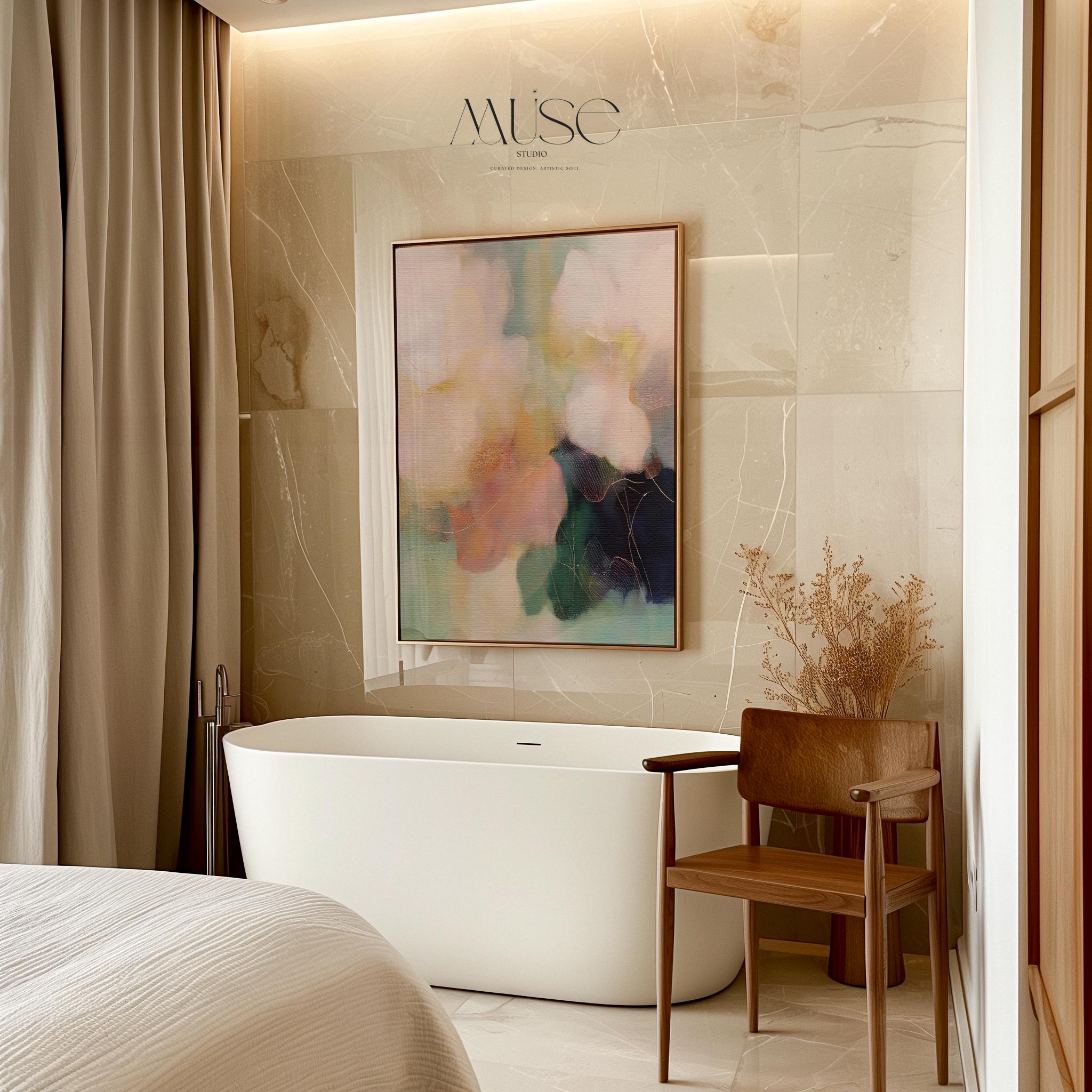 Muse Studio framed floral wall art featuring pastel pink, sage green, aqua, cream, and deep navy abstract botanical composition. Vertical framed canvas artwork with romantic botanical movement, museum-grade giclée inks, premium cotton canvas, and custom wood float frame options in natural, white, black, antique gold, and antique silver for bedroom, office, dining room, or living room interiors.