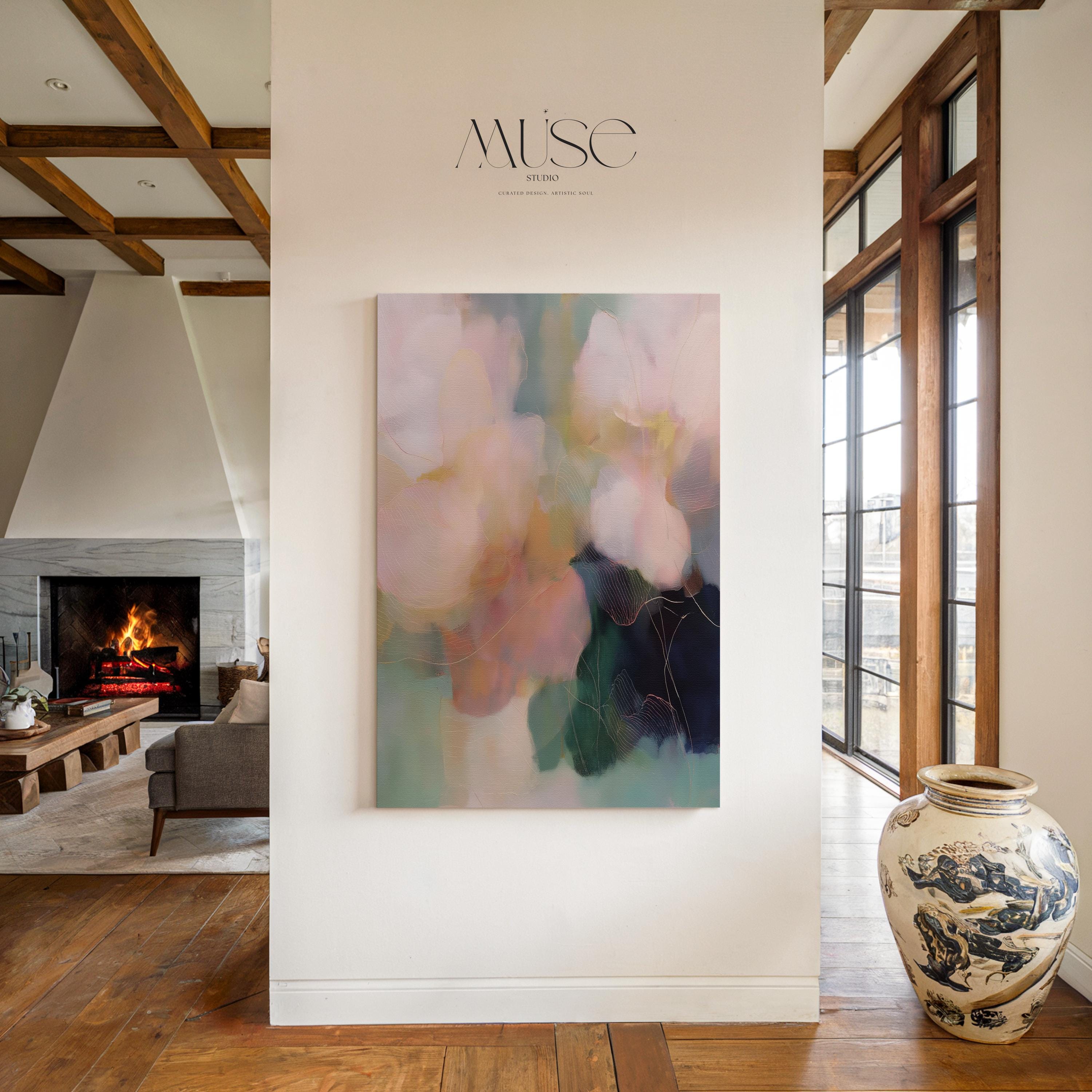 Muse Studio pastel floral wall art featuring blush pink, sage green, aqua, cream, and deep navy abstract botanical forms. Vertical canvas artwork with soft contemporary floral movement, museum-grade giclée inks, and premium gallery-wrapped cotton canvas, styled for living room, bedroom, office, dining room, or romantic modern interiors.