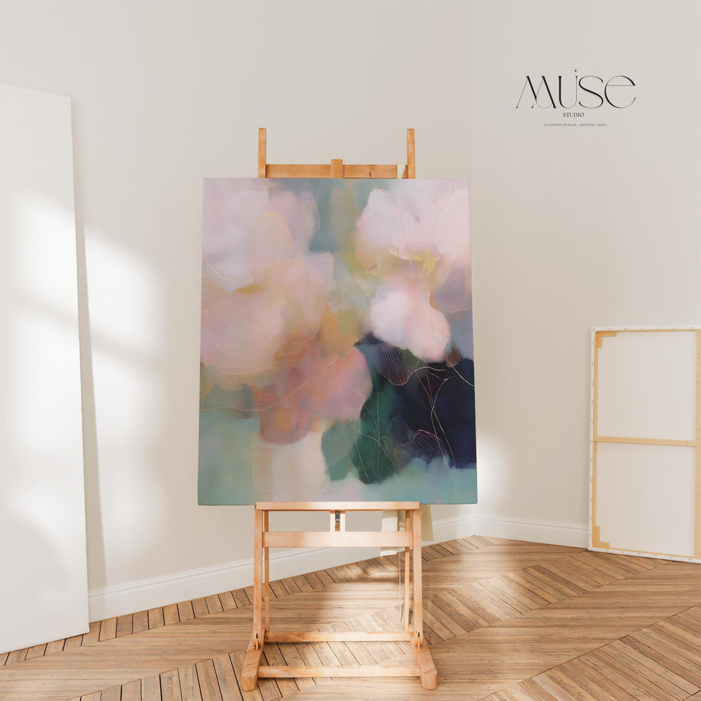 Muse Studio pastel floral wall art featuring blush pink, sage green, aqua, cream, and deep navy abstract botanical forms. Vertical canvas artwork with soft contemporary floral movement, museum-grade giclée inks, and premium gallery-wrapped cotton canvas, styled for living room, bedroom, office, dining room, or romantic modern interiors.