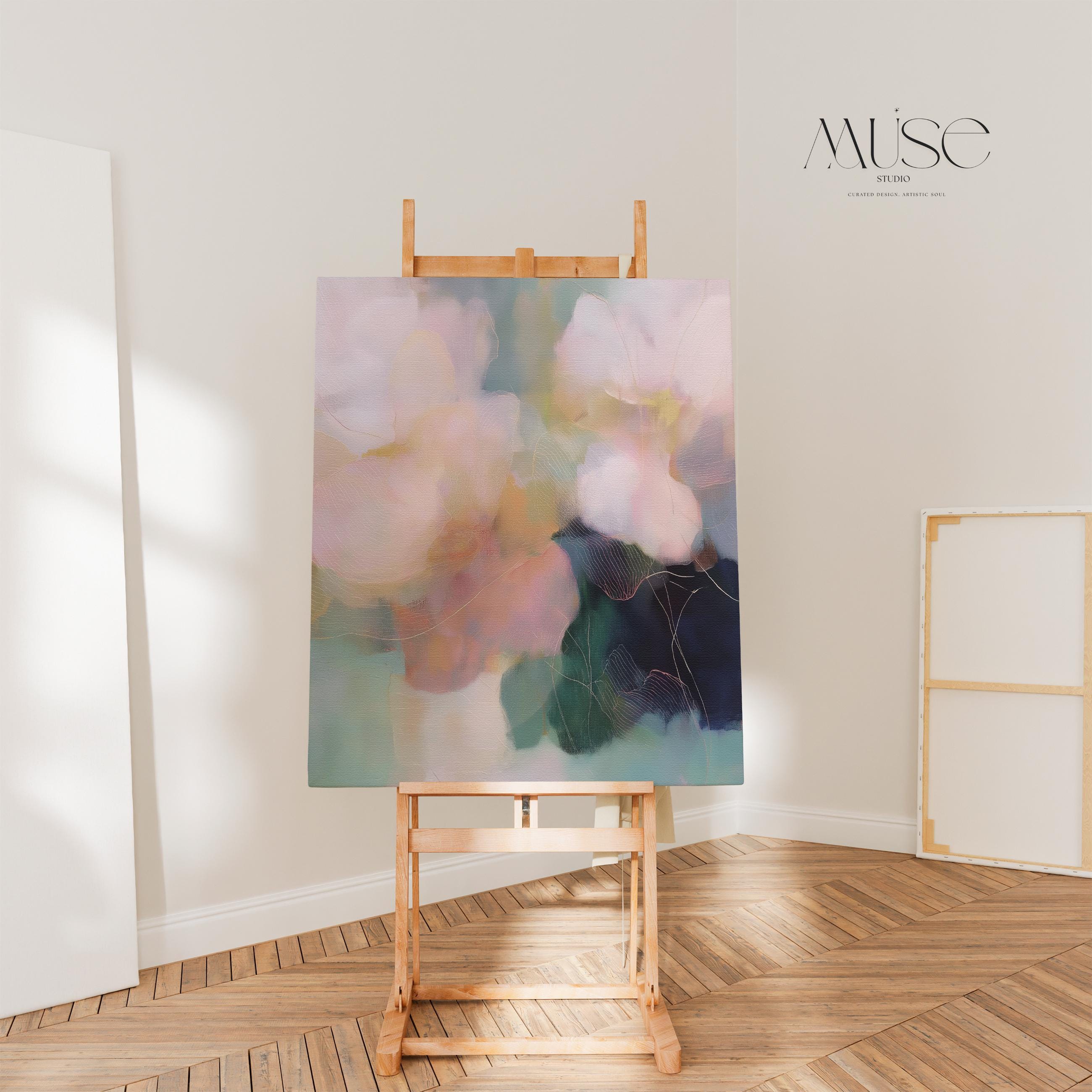 Muse Studio pastel floral wall art featuring blush pink, sage green, aqua, cream, and deep navy abstract botanical forms. Vertical canvas artwork with soft contemporary floral movement, museum-grade giclée inks, and premium gallery-wrapped cotton canvas, styled for living room, bedroom, office, dining room, or romantic modern interiors.