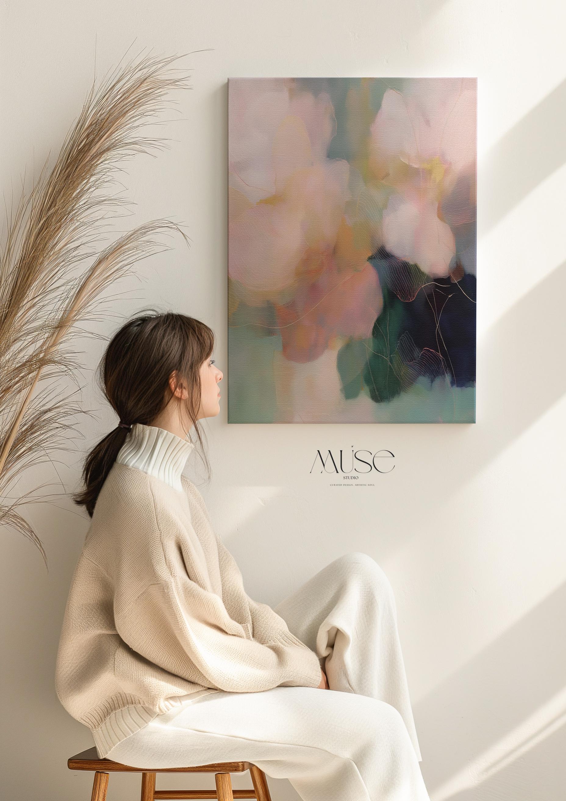 Muse Studio pastel floral wall art featuring blush pink, sage green, aqua, cream, and deep navy abstract botanical forms. Vertical canvas artwork with soft contemporary floral movement, museum-grade giclée inks, and premium gallery-wrapped cotton canvas, styled for living room, bedroom, office, dining room, or romantic modern interiors.