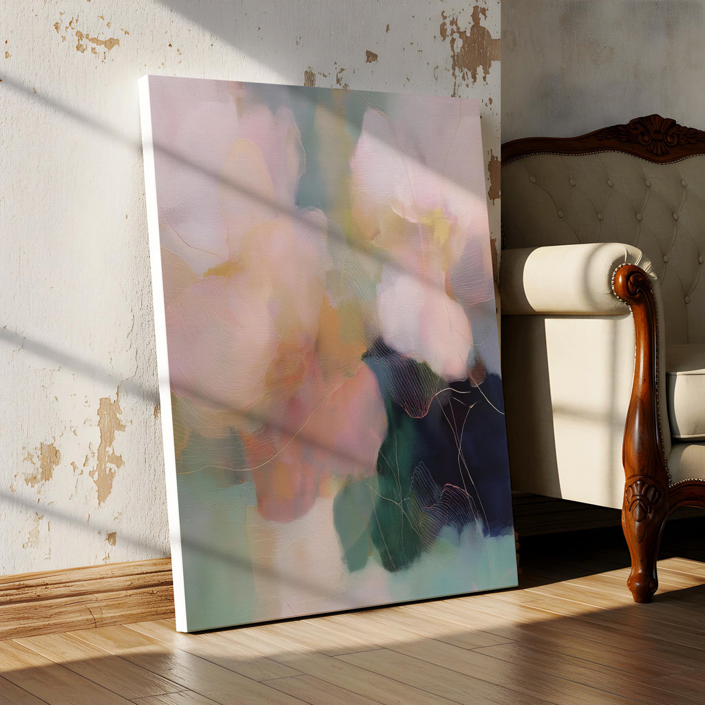 Muse Studio pastel floral wall art featuring blush pink, sage green, aqua, cream, and deep navy abstract botanical forms. Vertical canvas artwork with soft contemporary floral movement, museum-grade giclée inks, and premium gallery-wrapped cotton canvas, styled for living room, bedroom, office, dining room, or romantic modern interiors.