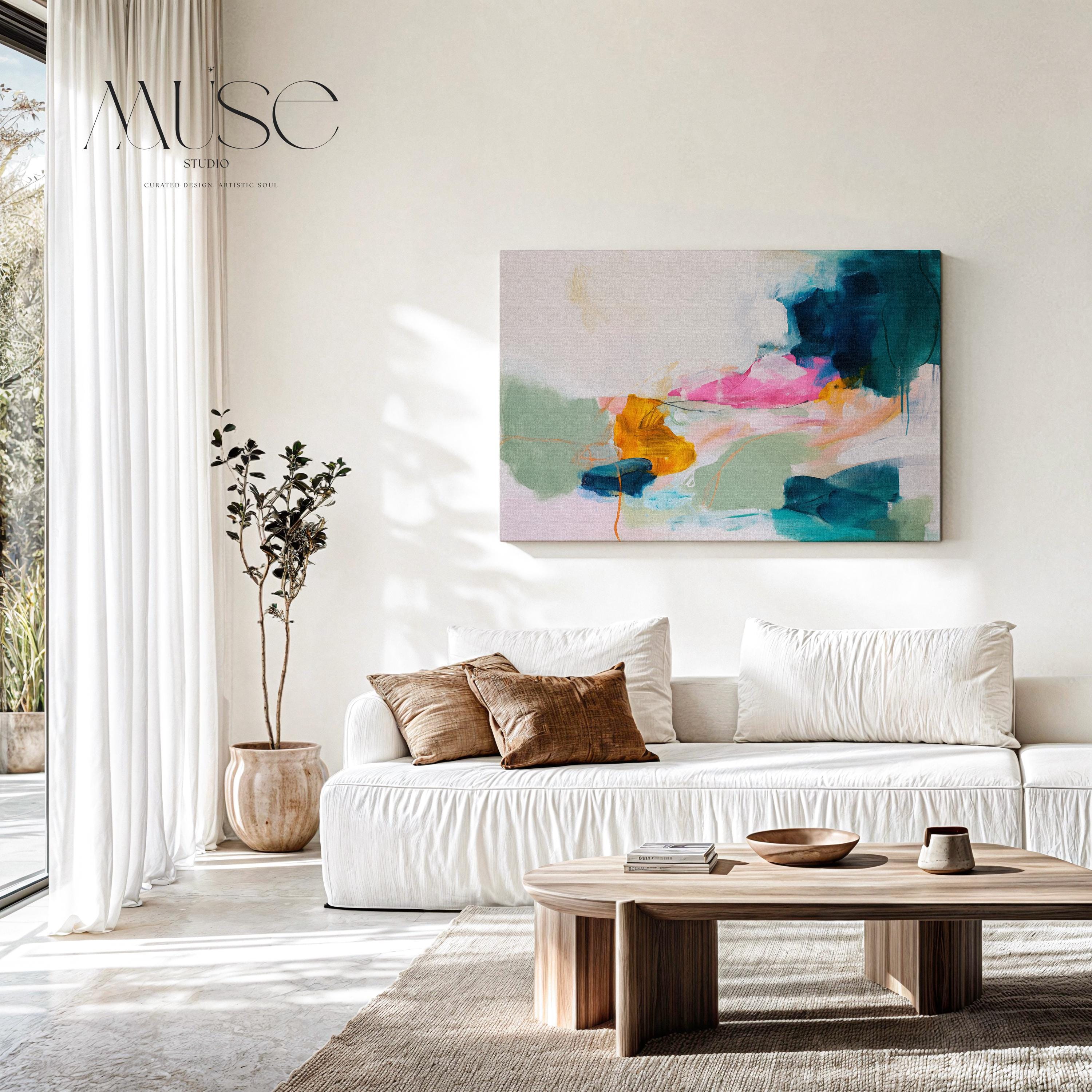 Muse Studio Tide Sonata 1091 coastal seascape wall art featuring deep teal, aqua, blush pink, ochre, and soft sage green abstract brushwork on premium gallery-wrapped canvas, printed with museum-grade giclée inks for a painterly ocean-inspired canvas wall art piece suited to modern coastal, colorful contemporary, and curated living room interiors.