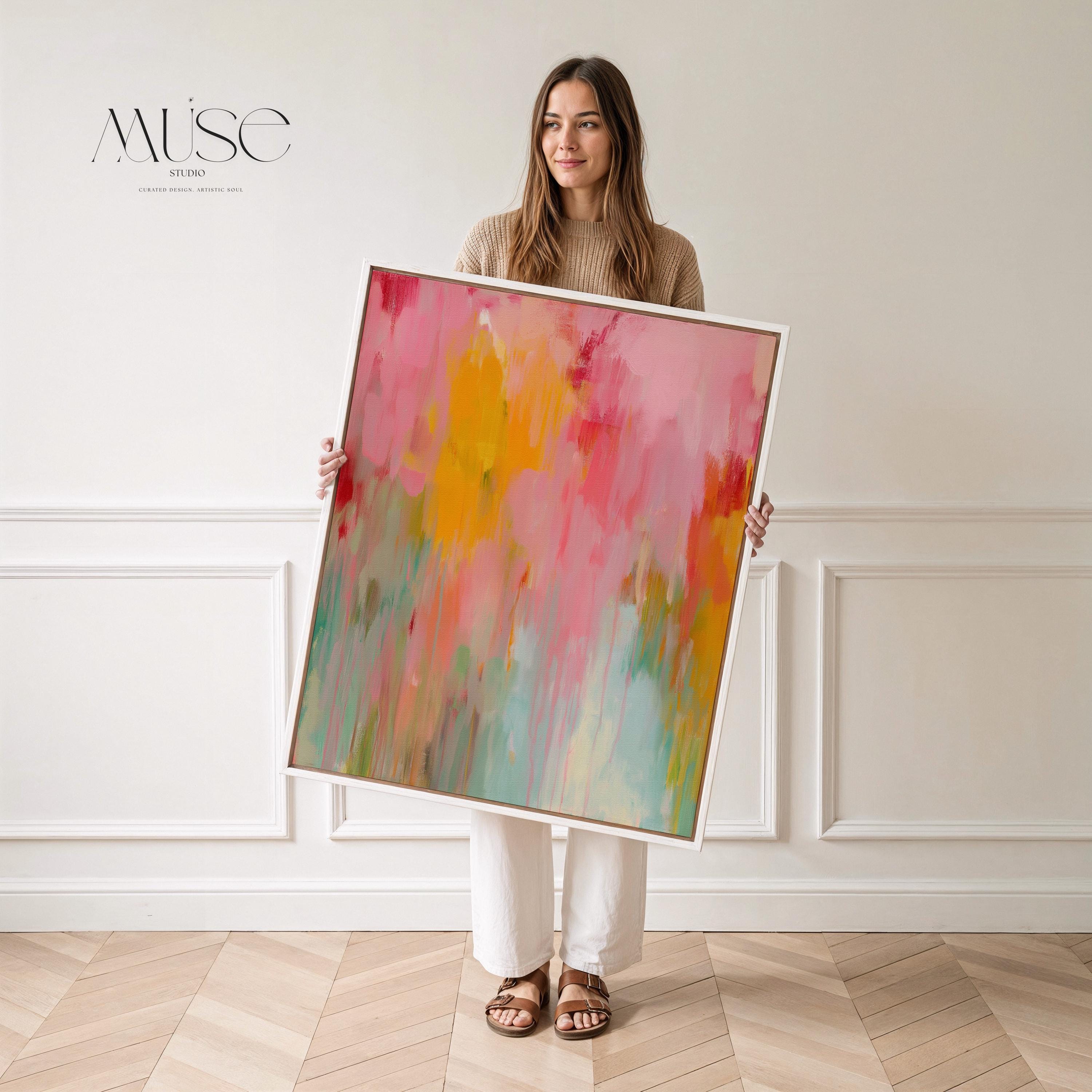 Muse Studio boho abstract wall art featuring warm pink, coral, aqua, teal, and golden yellow painterly movement. Premium gallery-wrapped canvas printed with museum-grade giclée inks, styled as colorful abstract canvas art for modern boho living rooms, bedrooms, creative studios, and eclectic statement interiors.