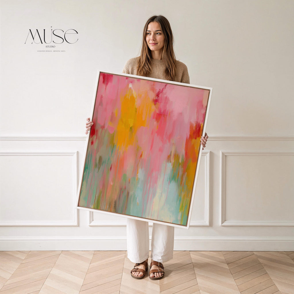 Muse Studio boho abstract wall art featuring warm pink, coral, aqua, teal, and golden yellow painterly movement. Premium gallery-wrapped canvas printed with museum-grade giclée inks, styled as colorful abstract canvas art for modern boho living rooms, bedrooms, creative studios, and eclectic statement interiors.