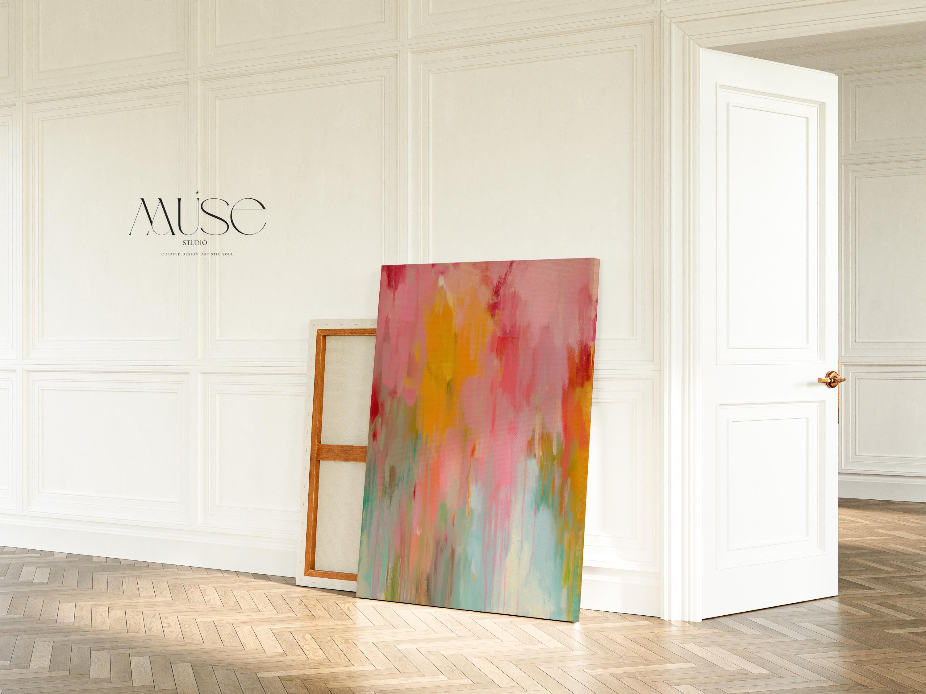 Muse Studio boho abstract wall art featuring warm pink, coral, aqua, teal, and golden yellow painterly movement. Premium gallery-wrapped canvas printed with museum-grade giclée inks, styled as colorful abstract canvas art for modern boho living rooms, bedrooms, creative studios, and eclectic statement interiors.