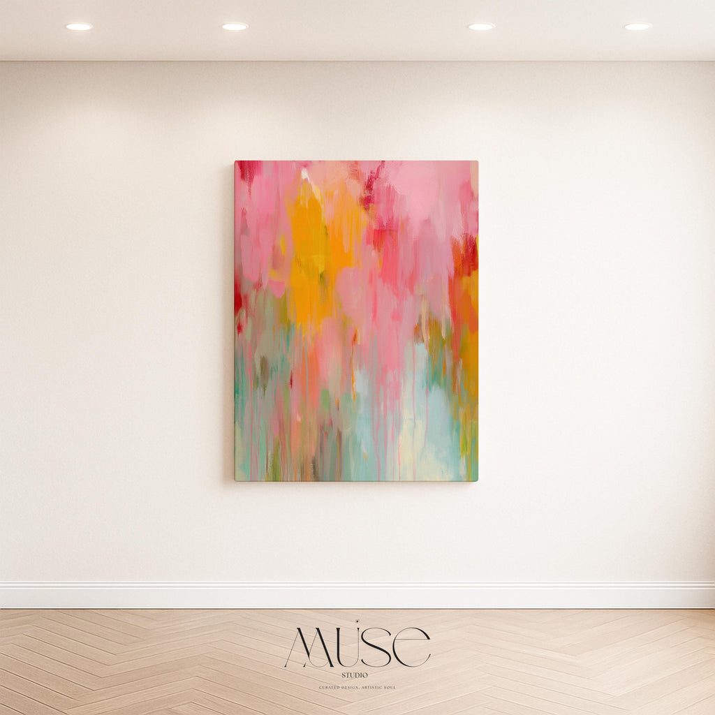 Muse Studio boho abstract wall art featuring warm pink, coral, aqua, teal, and golden yellow painterly movement. Premium gallery-wrapped canvas printed with museum-grade giclée inks, styled as colorful abstract canvas art for modern boho living rooms, bedrooms, creative studios, and eclectic statement interiors.