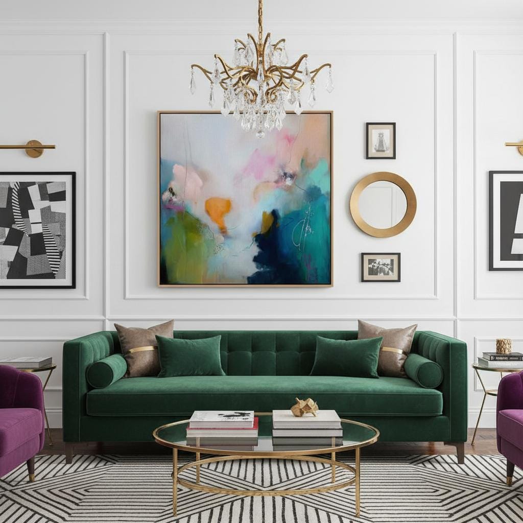 Framed canvas wall art square abstract painting in teal blush navy large giclee print color pop transitional decor for living room MUSE 449 Framed Canvas Art Colorful abstract wall art on framed canvas, perfect for bold decor art and modern wall decor. Large statement piece with expressive brushstrokes and rich textures. Ready-to-hang giclée canvas designed to energize living rooms, offices, bedrooms and curated interiors. Muse Studio Decor Art.