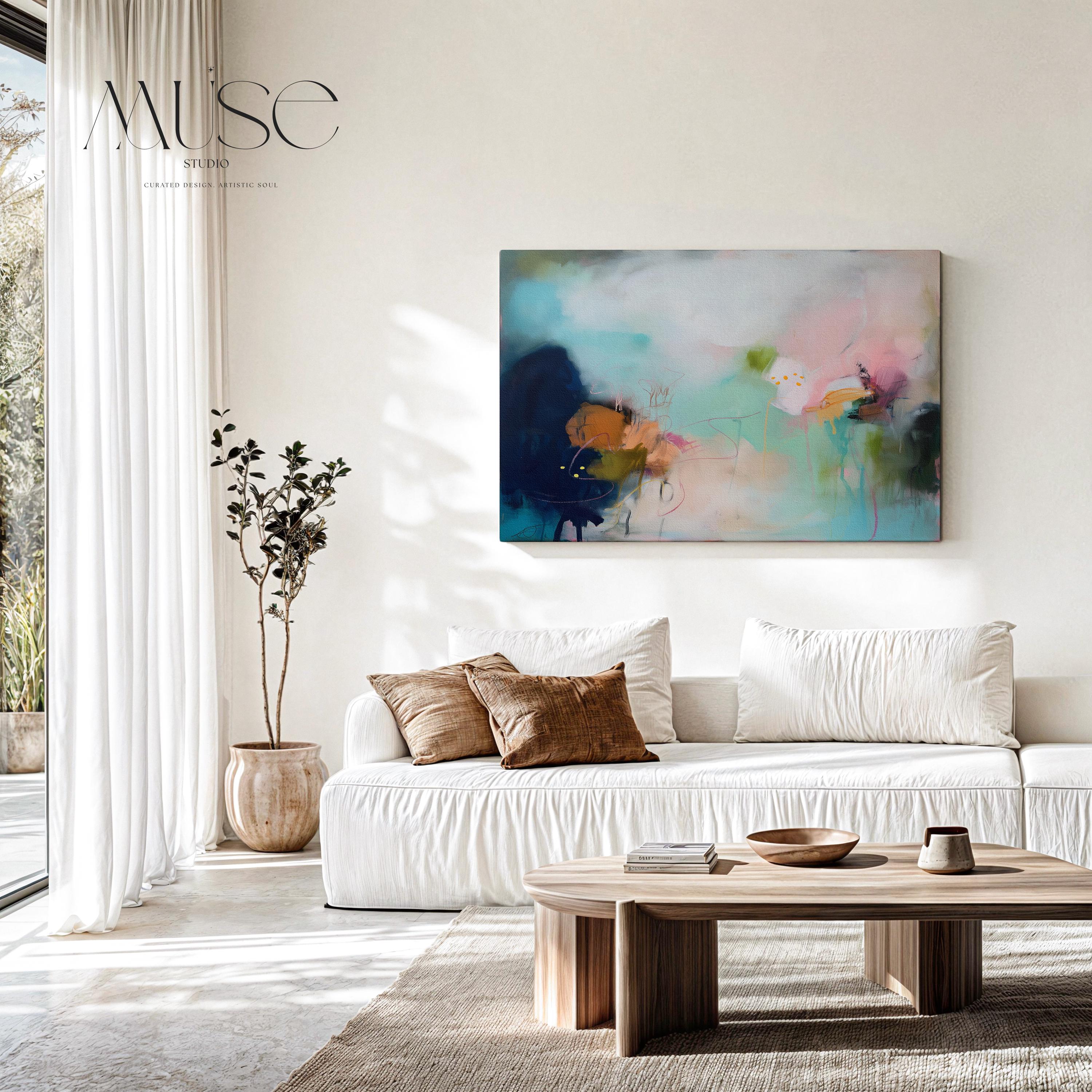Coastal abstract wall art by Muse Studio featuring aqua, blush pink, moss green, peach, and inky blue painterly layers with delicate linework and a surreal ocean-garden composition. Coral Gardens No. 428 is styled for serene minimal ocean decor, modern bedroom wall art, living room canvas decor, and creative studio spaces, printed with museum-grade giclée inks on premium gallery-wrapped artist canvas with framed canvas options.
