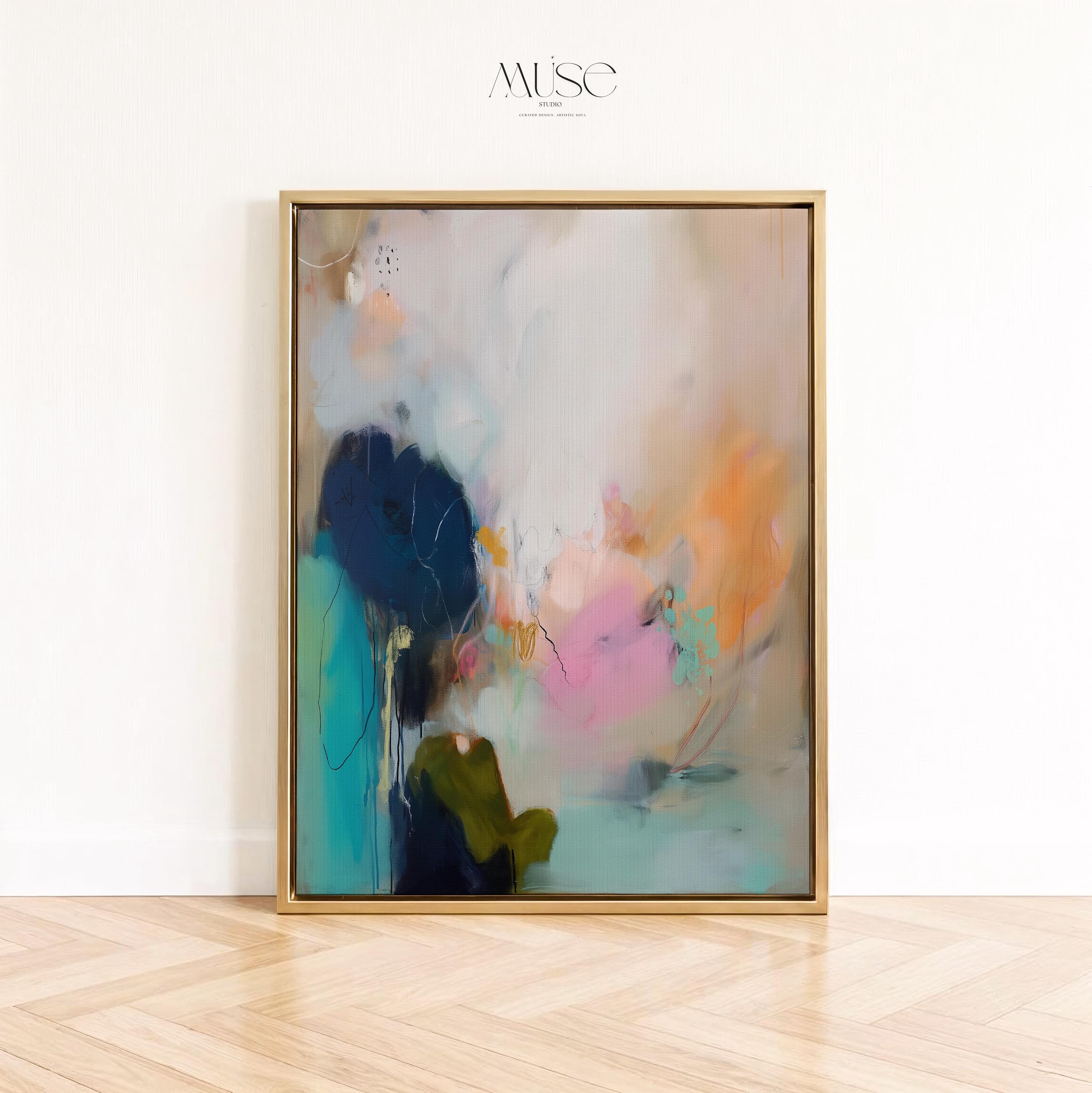 Muse Studio vertical coastal sunset abstract canvas wall art with teal blue ocean-inspired layers, soft pink and peach sunset tones, deep navy contrast, and expressive painterly texture, styled as large modern seashore decor for a living room, office, bedroom, or beach house interior.