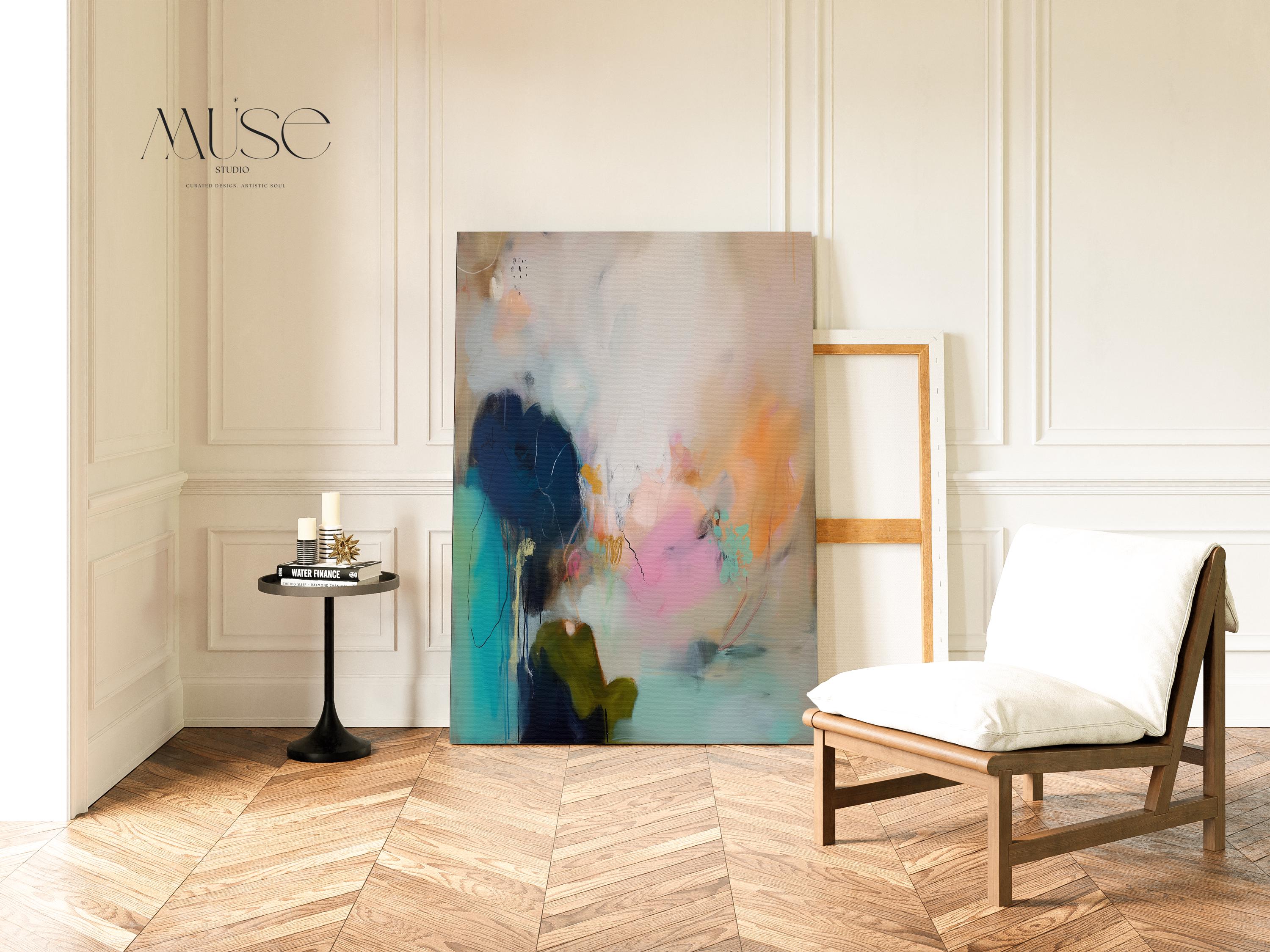 Muse Studio seashore sunset abstract canvas wall art with teal, pink, aqua blue, sea glass green, peach, and navy ocean-inspired layers, styled as coastal wall art and serene bedroom decor for a beach house, living room, or soft modern interior.