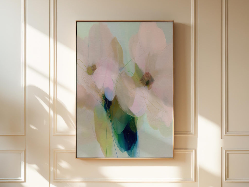 Muse Studio soft botanical framed canvas wall art with pastel blue, blush pink, sage green, and celadon abstract floral forms, printed with museum-grade giclée inks on premium gallery-wrapped artist canvas and custom framed in natural, white, black, antique gold, or antique silver wood float frame options for bedroom, living room, office, and dining room decor.