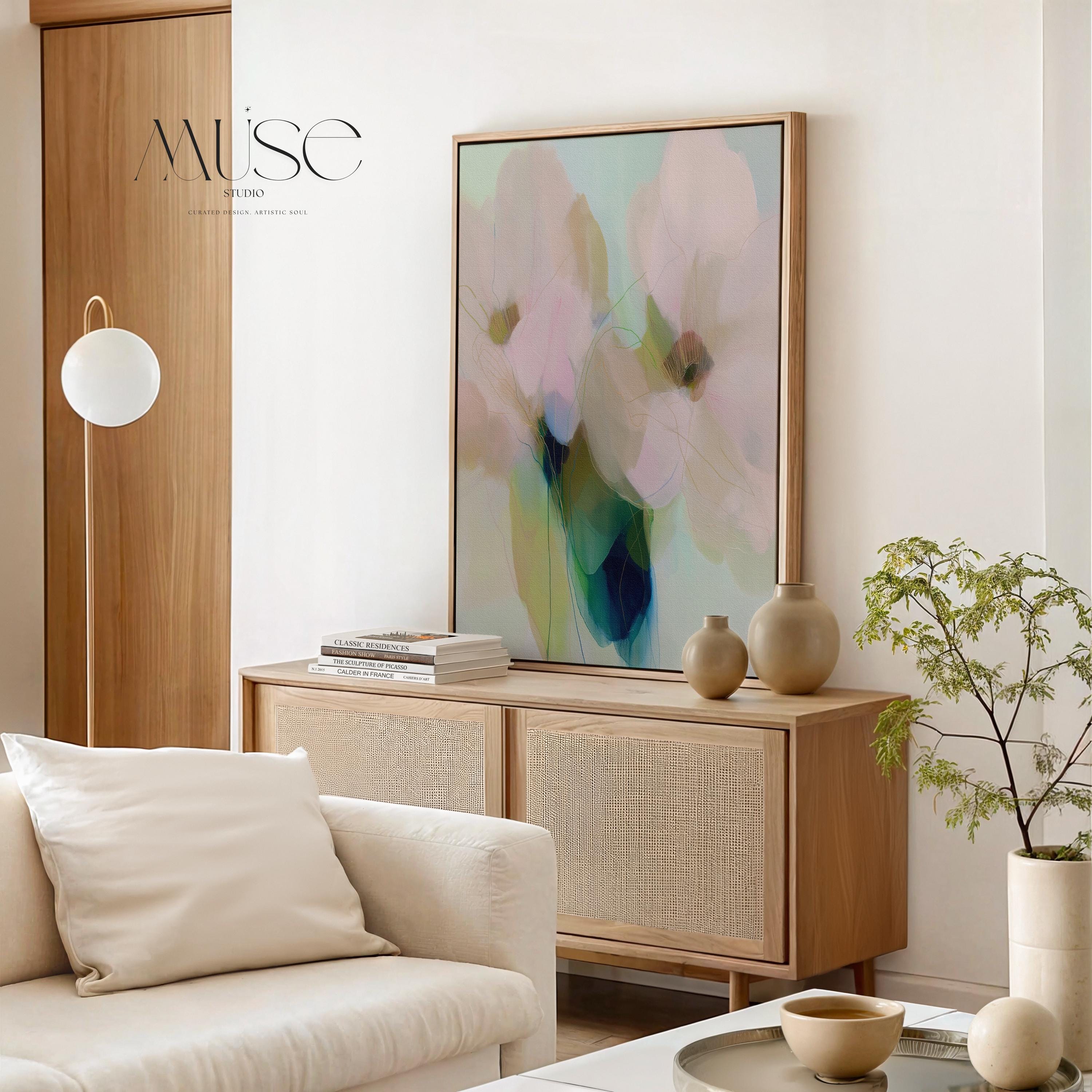 Muse Studio soft botanical framed canvas wall art with pastel blue, blush pink, sage green, and celadon abstract floral forms, printed with museum-grade giclée inks on premium gallery-wrapped artist canvas and custom framed in natural, white, black, antique gold, or antique silver wood float frame options for bedroom, living room, office, and dining room decor.