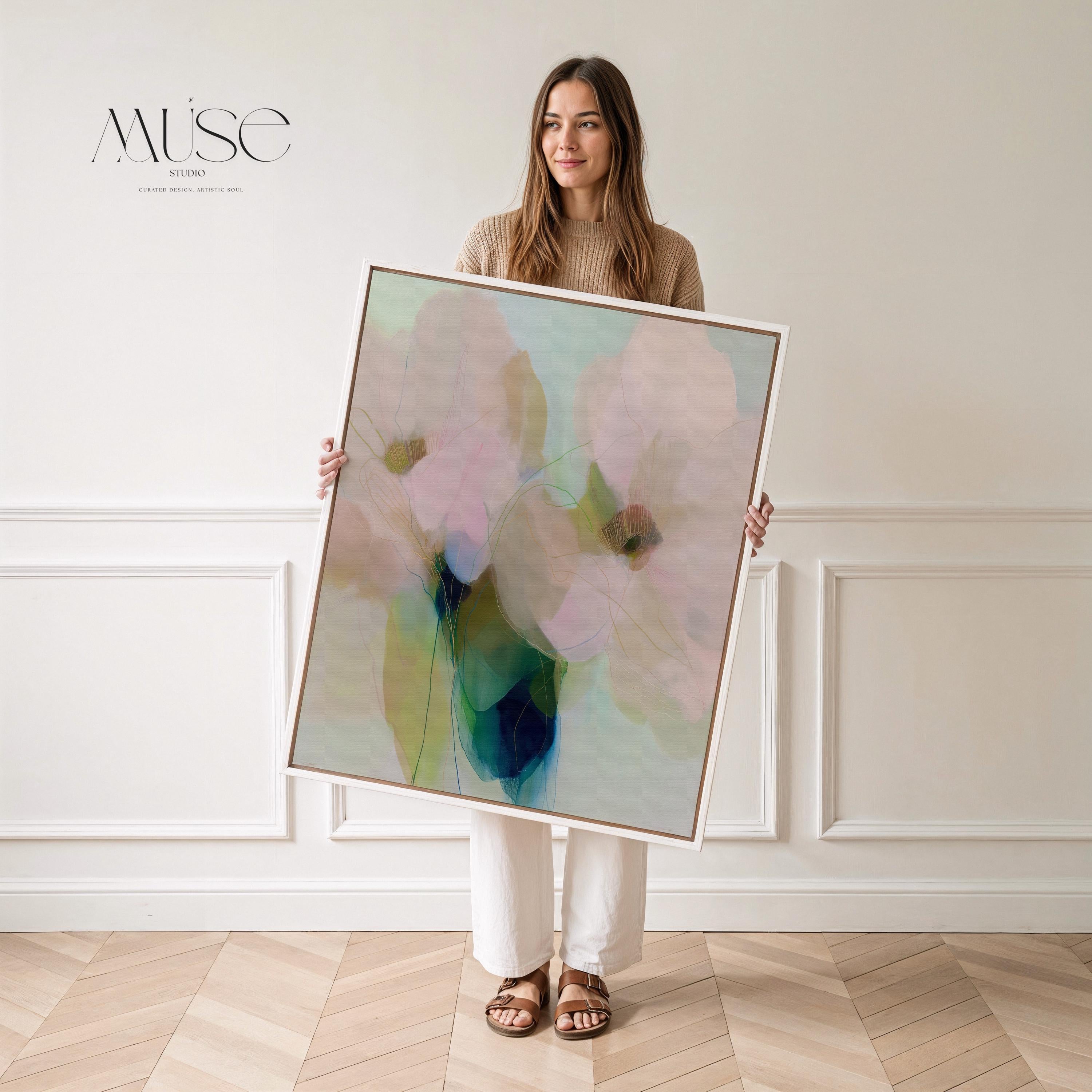 Muse Studio soft botanical framed canvas wall art with pastel blue, blush pink, sage green, and celadon abstract floral forms, printed with museum-grade giclée inks on premium gallery-wrapped artist canvas and custom framed in natural, white, black, antique gold, or antique silver wood float frame options for bedroom, living room, office, and dining room decor.