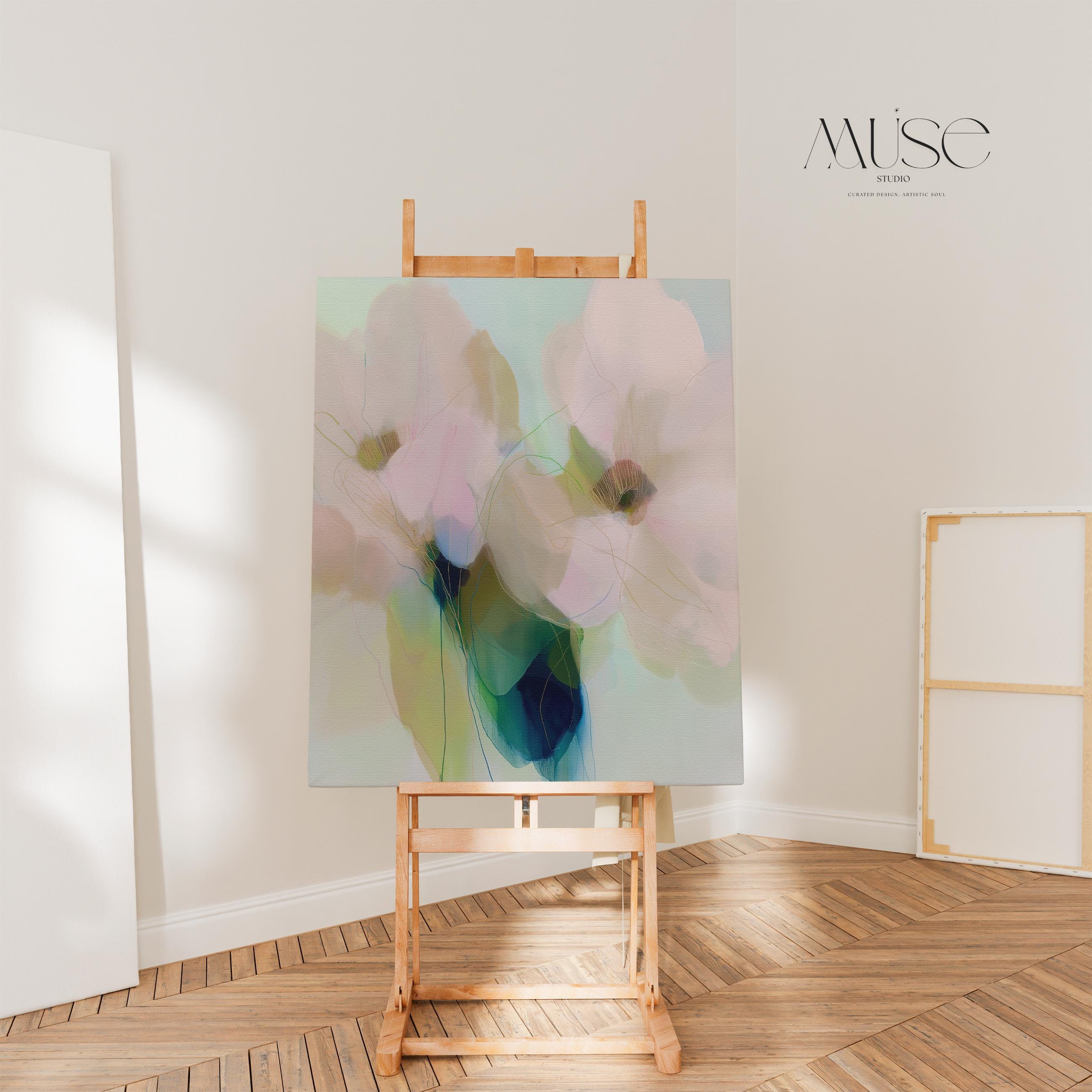 Muse Studio pastel floral canvas wall art featuring soft blue, blush pink, sage green, and celadon botanical abstract flowers printed with museum-grade giclée inks on premium gallery-wrapped artist canvas
