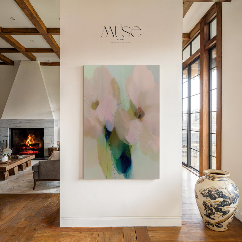 Muse Studio pastel floral canvas wall art featuring soft blue, blush pink, sage green, and celadon botanical abstract flowers printed with museum-grade giclée inks on premium gallery-wrapped artist canvas