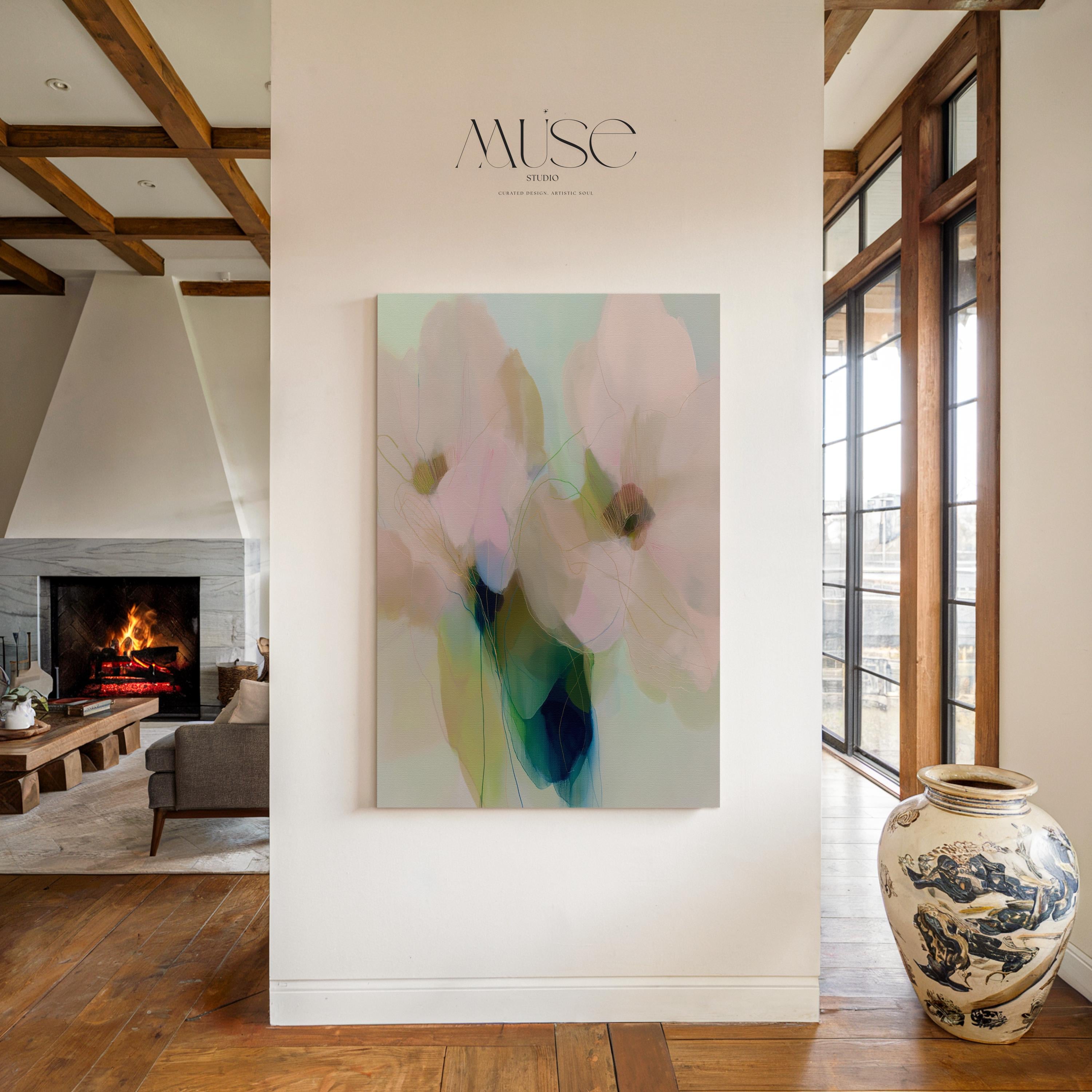 Muse Studio pastel floral canvas wall art featuring soft blue, blush pink, sage green, and celadon botanical abstract flowers printed with museum-grade giclée inks on premium gallery-wrapped artist canvas