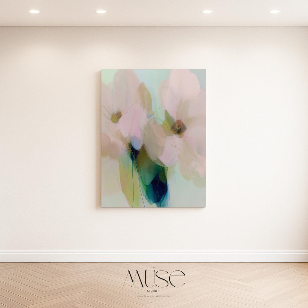 Muse Studio pastel floral canvas wall art featuring soft blue, blush pink, sage green, and celadon botanical abstract flowers printed with museum-grade giclée inks on premium gallery-wrapped artist canvas
