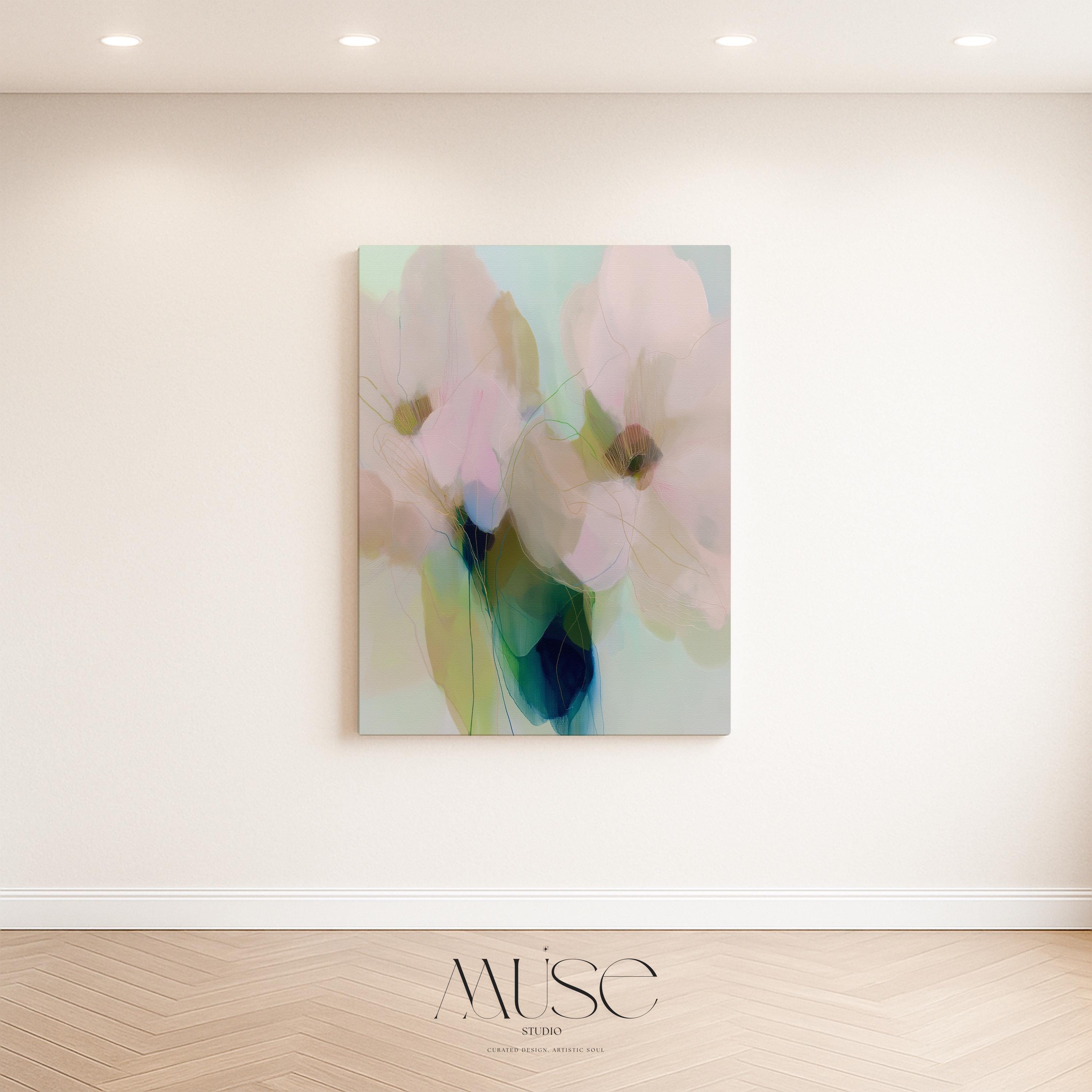 Muse Studio pastel floral canvas wall art featuring soft blue, blush pink, sage green, and celadon botanical abstract flowers printed with museum-grade giclée inks on premium gallery-wrapped artist canvas