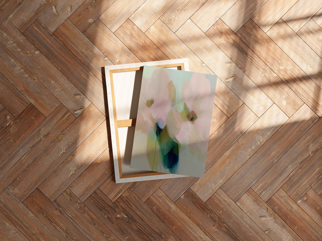 Muse Studio pastel floral canvas wall art featuring soft blue, blush pink, sage green, and celadon botanical abstract flowers printed with museum-grade giclée inks on premium gallery-wrapped artist canvas