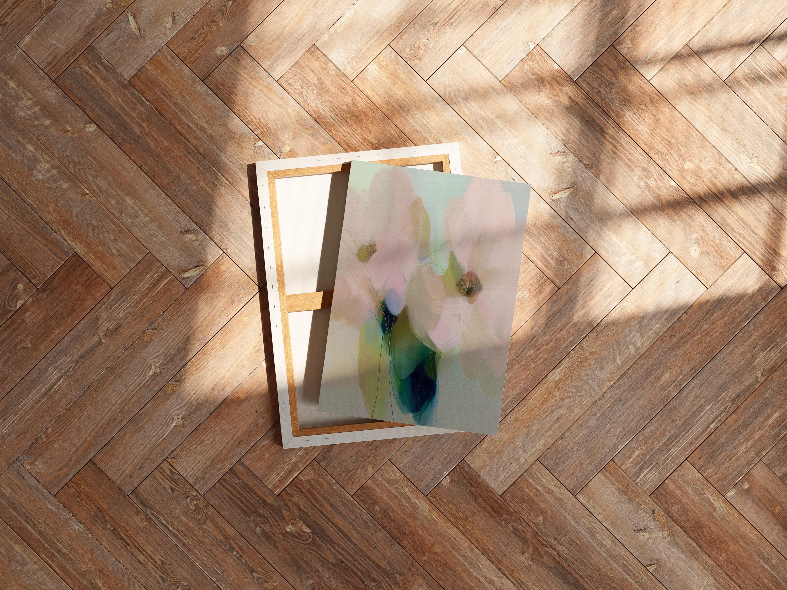 Muse Studio pastel floral canvas wall art featuring soft blue, blush pink, sage green, and celadon botanical abstract flowers printed with museum-grade giclée inks on premium gallery-wrapped artist canvas