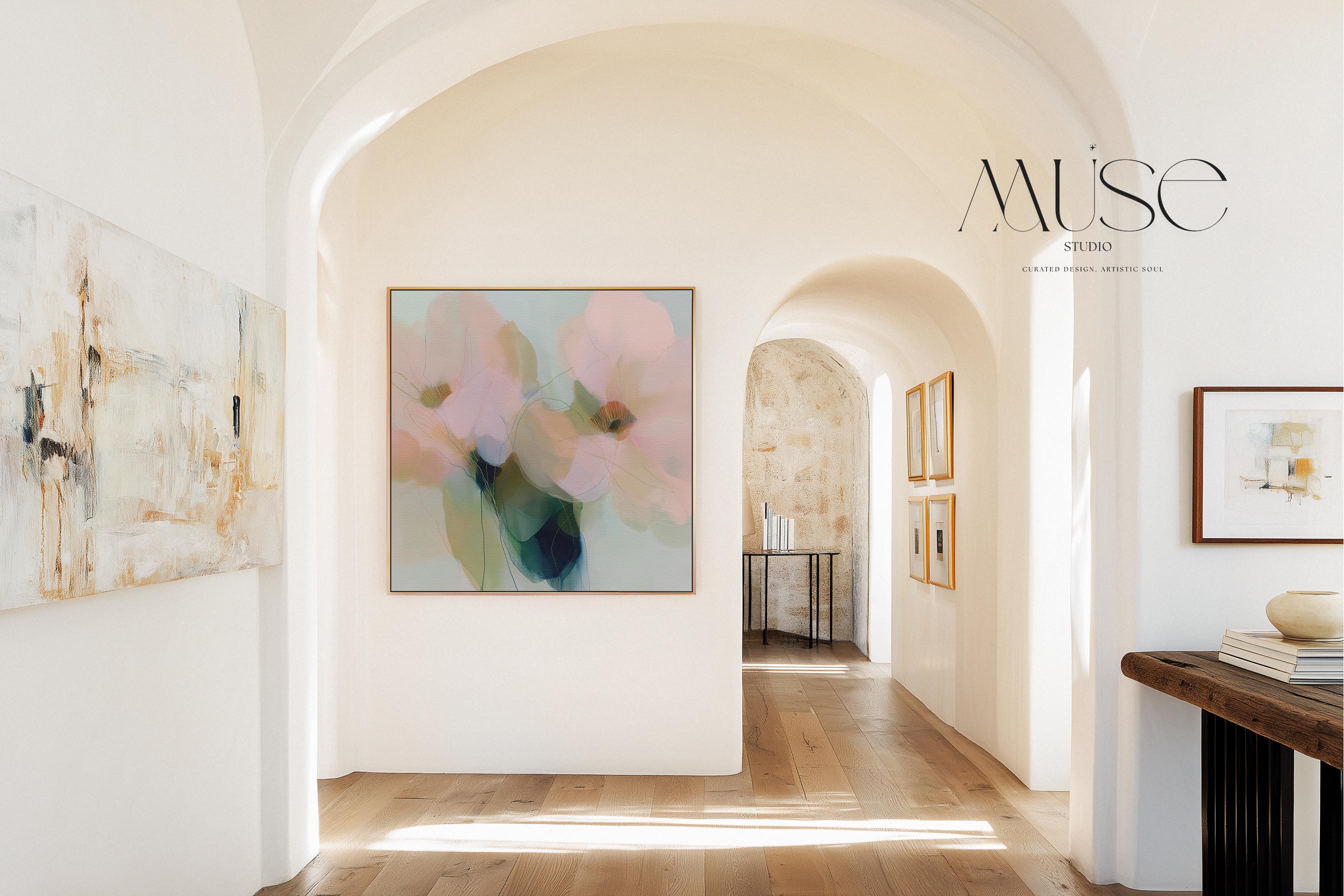Muse Studio farmhouse floral square framed canvas wall art with soft blue, blush pink, sage green, and celadon abstract botanical flowers, printed with museum-grade giclée inks on premium gallery-wrapped artist canvas and custom framed in natural, white, black, antique gold, or antique silver wood float frame options for bedroom, living room, office, dining room, gallery wall, and modern farmhouse decor.
