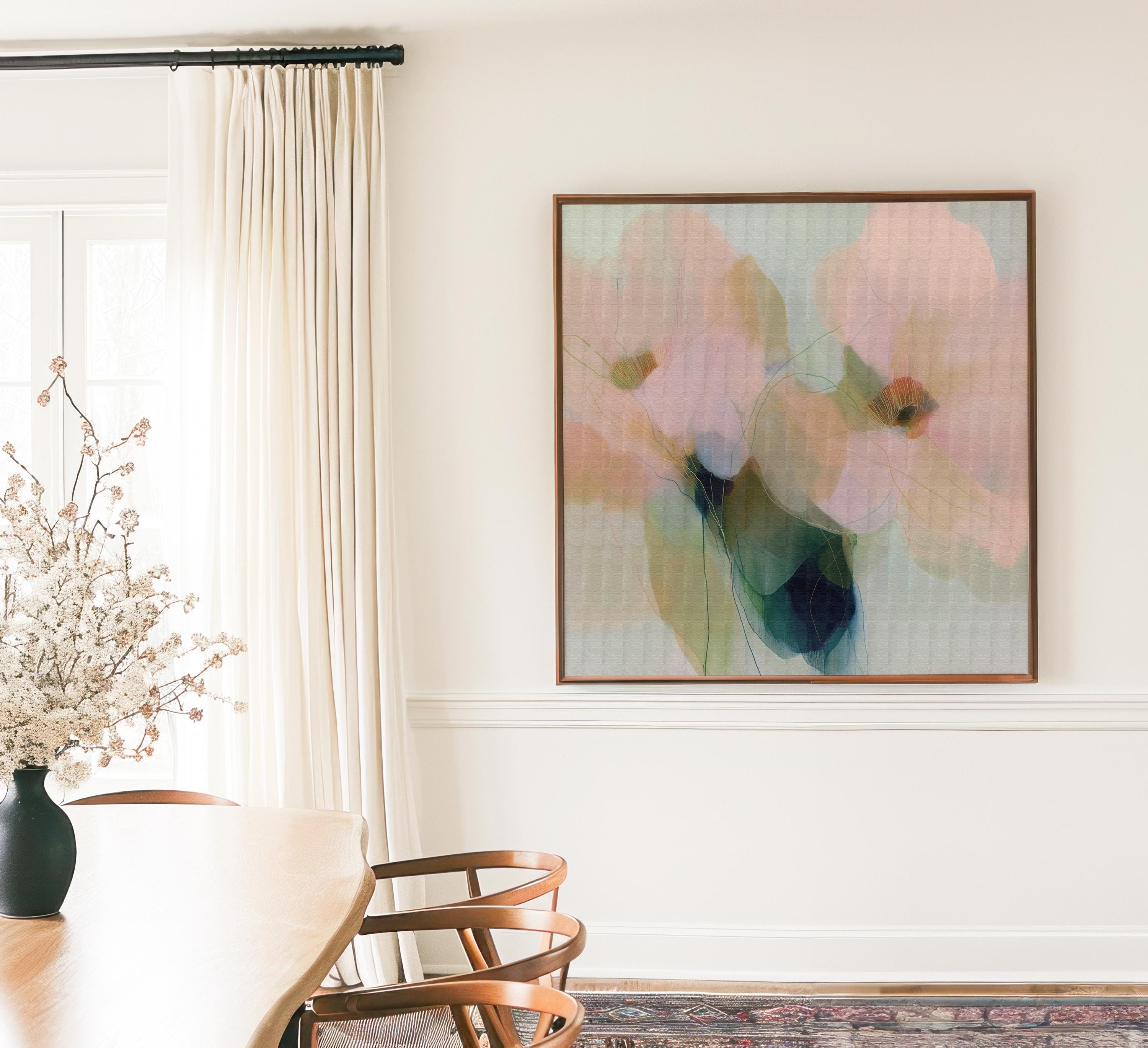 Muse Studio farmhouse floral square framed canvas wall art with soft blue, blush pink, sage green, and celadon abstract botanical flowers, printed with museum-grade giclée inks on premium gallery-wrapped artist canvas and custom framed in natural, white, black, antique gold, or antique silver wood float frame options for bedroom, living room, office, dining room, gallery wall, and modern farmhouse decor.