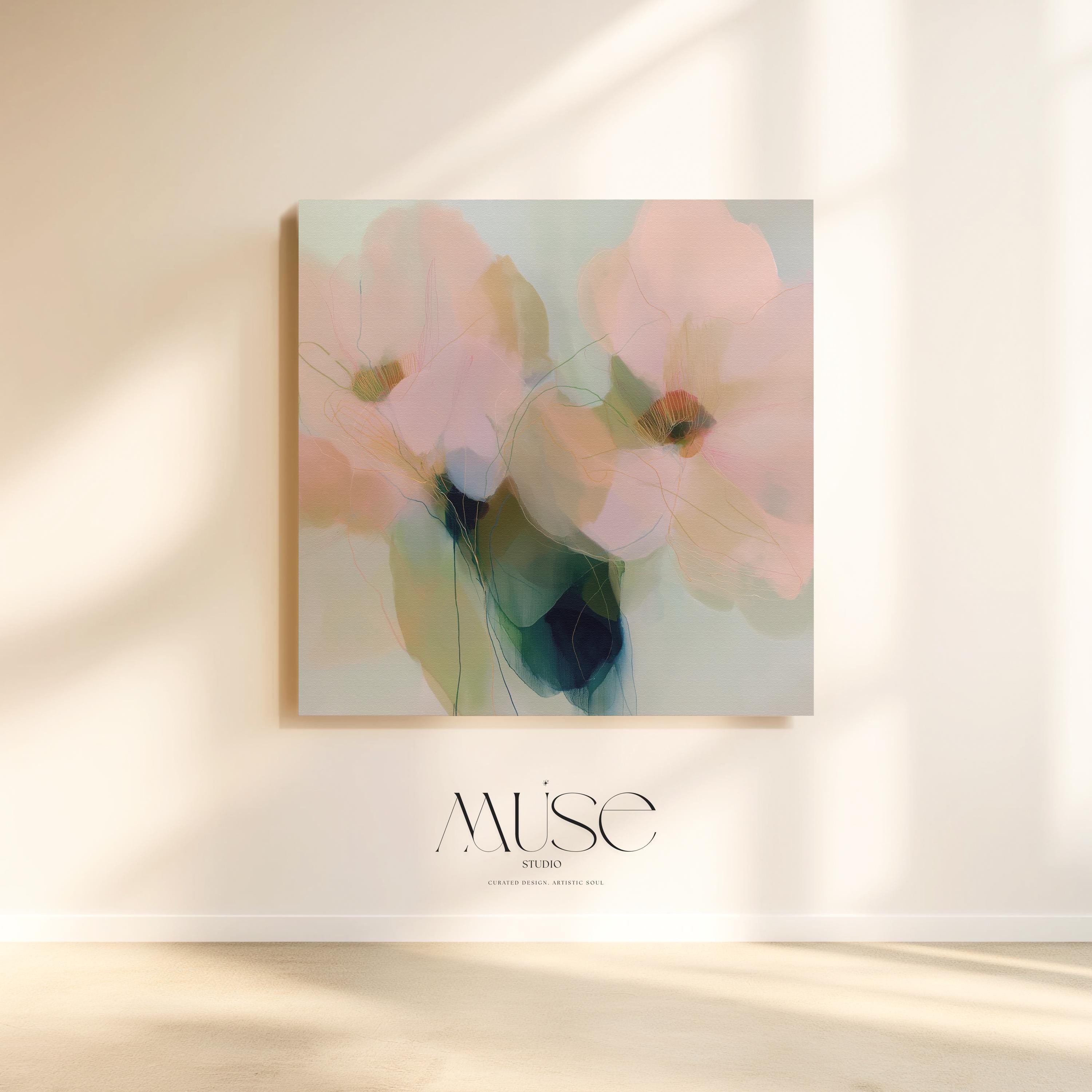 Muse Studio farmhouse floral canvas wall art featuring soft blue, blush pink, sage green, and celadon botanical abstract flowers printed with museum-grade giclée inks on premium gallery-wrapped artist canvas, available as stretched or rolled canvas for bedroom, living room, office, dining room, gallery wall, and modern farmhouse decor.