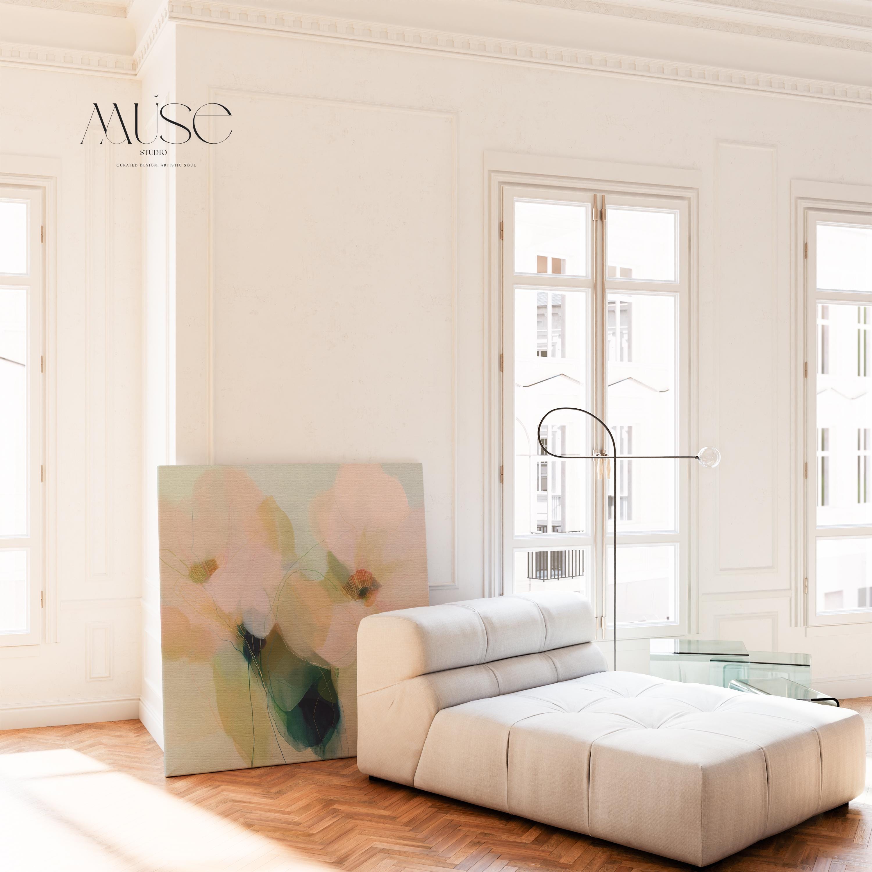 Muse Studio farmhouse floral canvas wall art featuring soft blue, blush pink, sage green, and celadon botanical abstract flowers printed with museum-grade giclée inks on premium gallery-wrapped artist canvas, available as stretched or rolled canvas for bedroom, living room, office, dining room, gallery wall, and modern farmhouse decor.