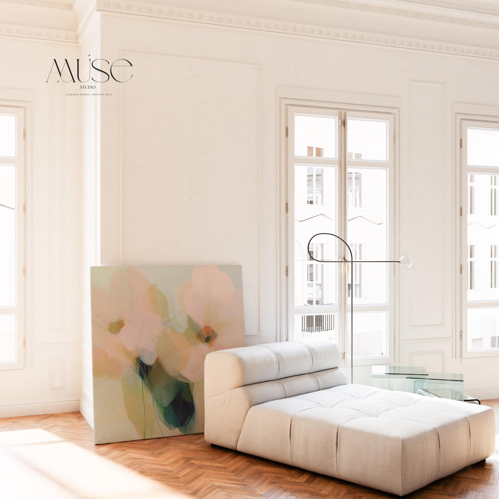 Muse Studio farmhouse floral canvas wall art featuring soft blue, blush pink, sage green, and celadon botanical abstract flowers printed with museum-grade giclée inks on premium gallery-wrapped artist canvas, available as stretched or rolled canvas for bedroom, living room, office, dining room, gallery wall, and modern farmhouse decor.