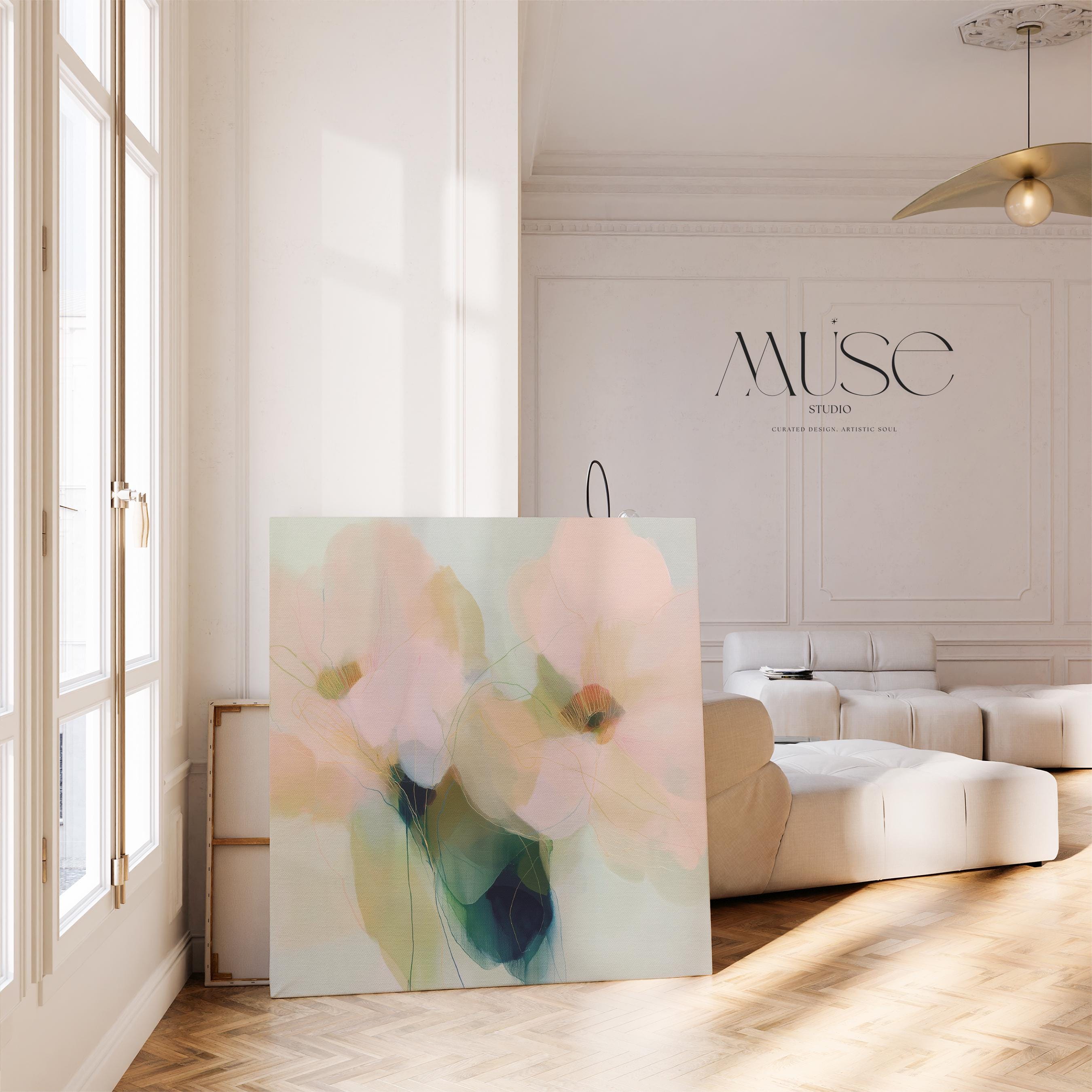 Muse Studio farmhouse floral canvas wall art featuring soft blue, blush pink, sage green, and celadon botanical abstract flowers printed with museum-grade giclée inks on premium gallery-wrapped artist canvas, available as stretched or rolled canvas for bedroom, living room, office, dining room, gallery wall, and modern farmhouse decor.
