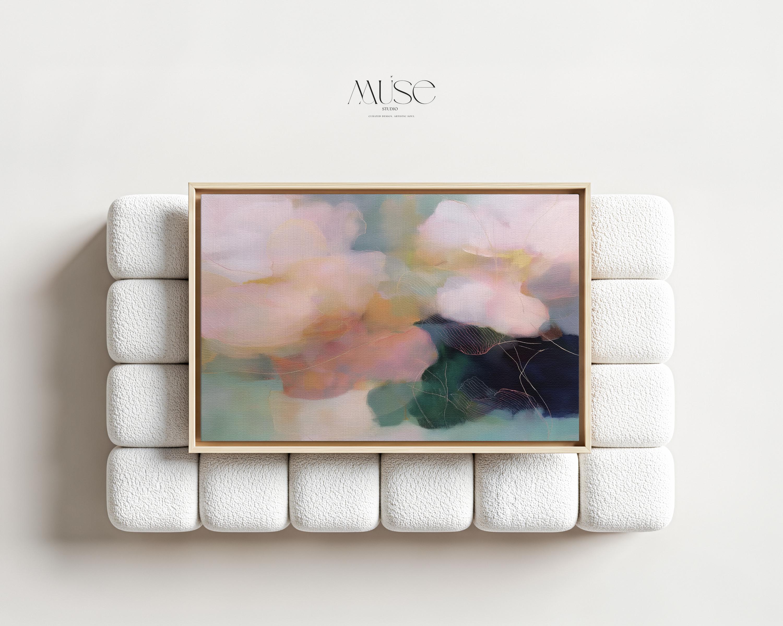 Muse Studio horizontal pastel floral canvas wall art featuring blush pink, sage green, muted teal, and deep navy botanical abstract flowers, printed with museum-grade giclée inks on premium gallery-wrapped artist canvas, available as stretched or rolled canvas for bedroom, living room, dining room, office, console styling, and farmhouse interiors.