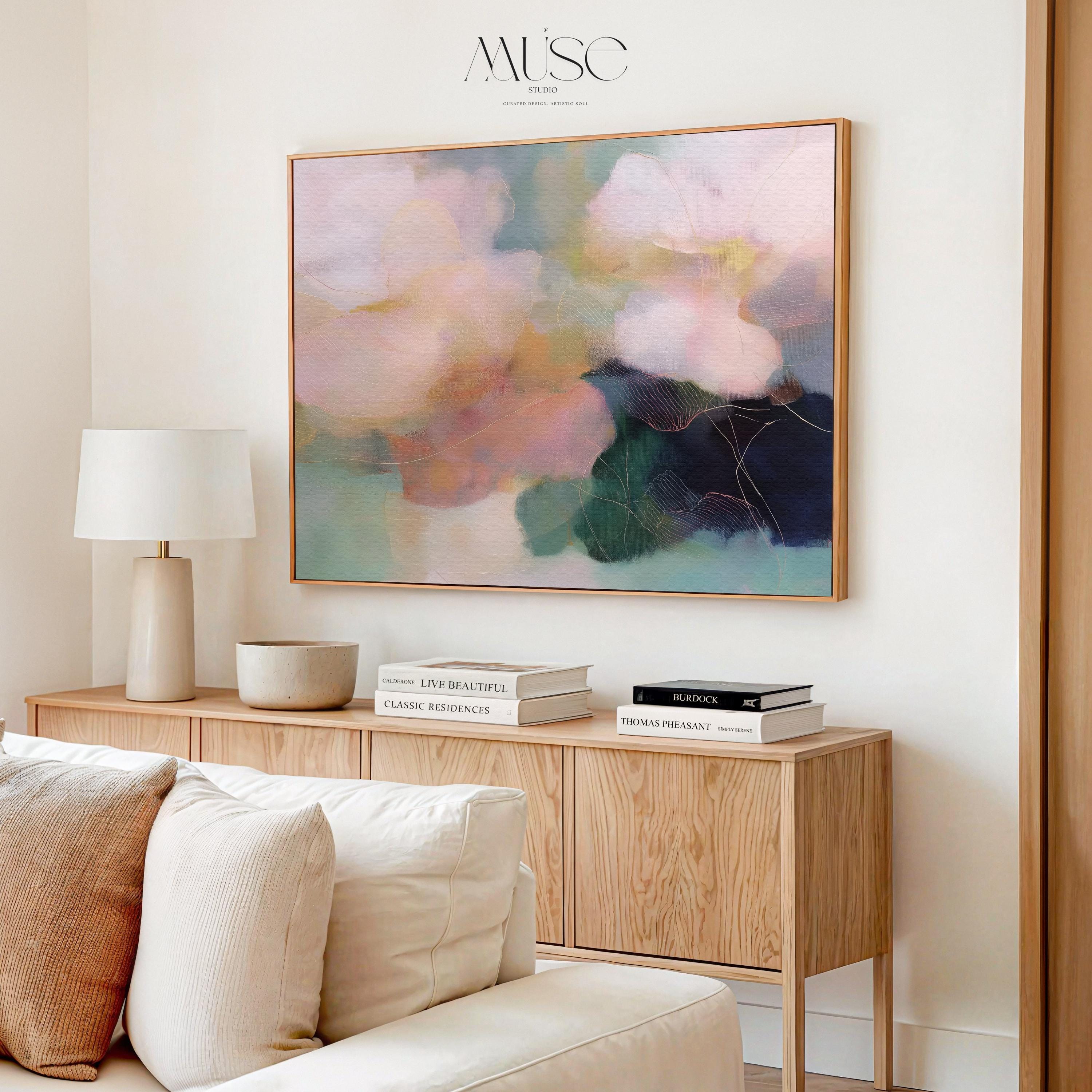 Muse Studio horizontal pastel floral canvas wall art featuring blush pink, sage green, muted teal, and deep navy botanical abstract flowers, printed with museum-grade giclée inks on premium gallery-wrapped artist canvas, available as stretched or rolled canvas for bedroom, living room, dining room, office, console styling, and farmhouse interiors.