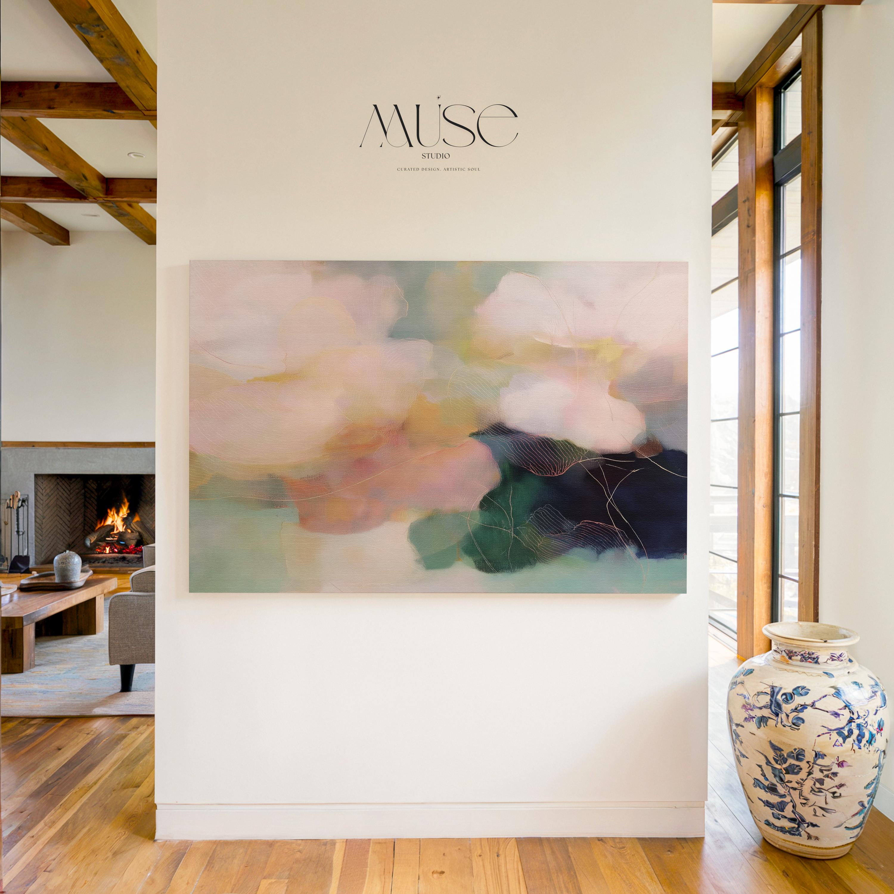 Muse Studio farmhouse floral horizontal framed canvas wall art with blush pink, sage green, muted teal, and deep navy abstract botanical flowers, printed with museum-grade giclée inks on premium gallery-wrapped artist canvas and custom framed in natural, white, black, antique gold, or antique silver wood float frame options for bedroom, living room, dining room, office, and entryway decor.