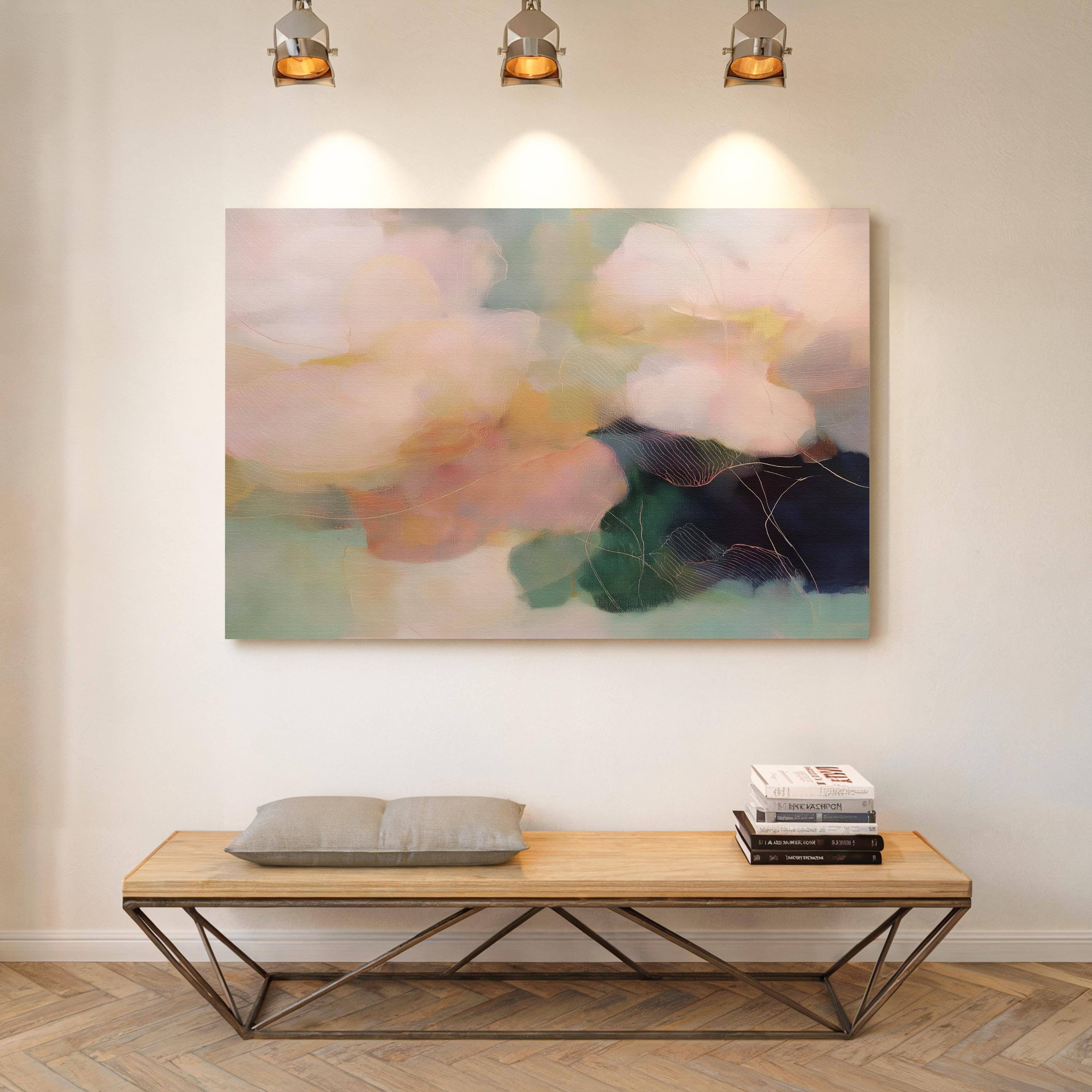 Muse Studio farmhouse floral horizontal framed canvas wall art with blush pink, sage green, muted teal, and deep navy abstract botanical flowers, printed with museum-grade giclée inks on premium gallery-wrapped artist canvas and custom framed in natural, white, black, antique gold, or antique silver wood float frame options for bedroom, living room, dining room, office, and entryway decor.