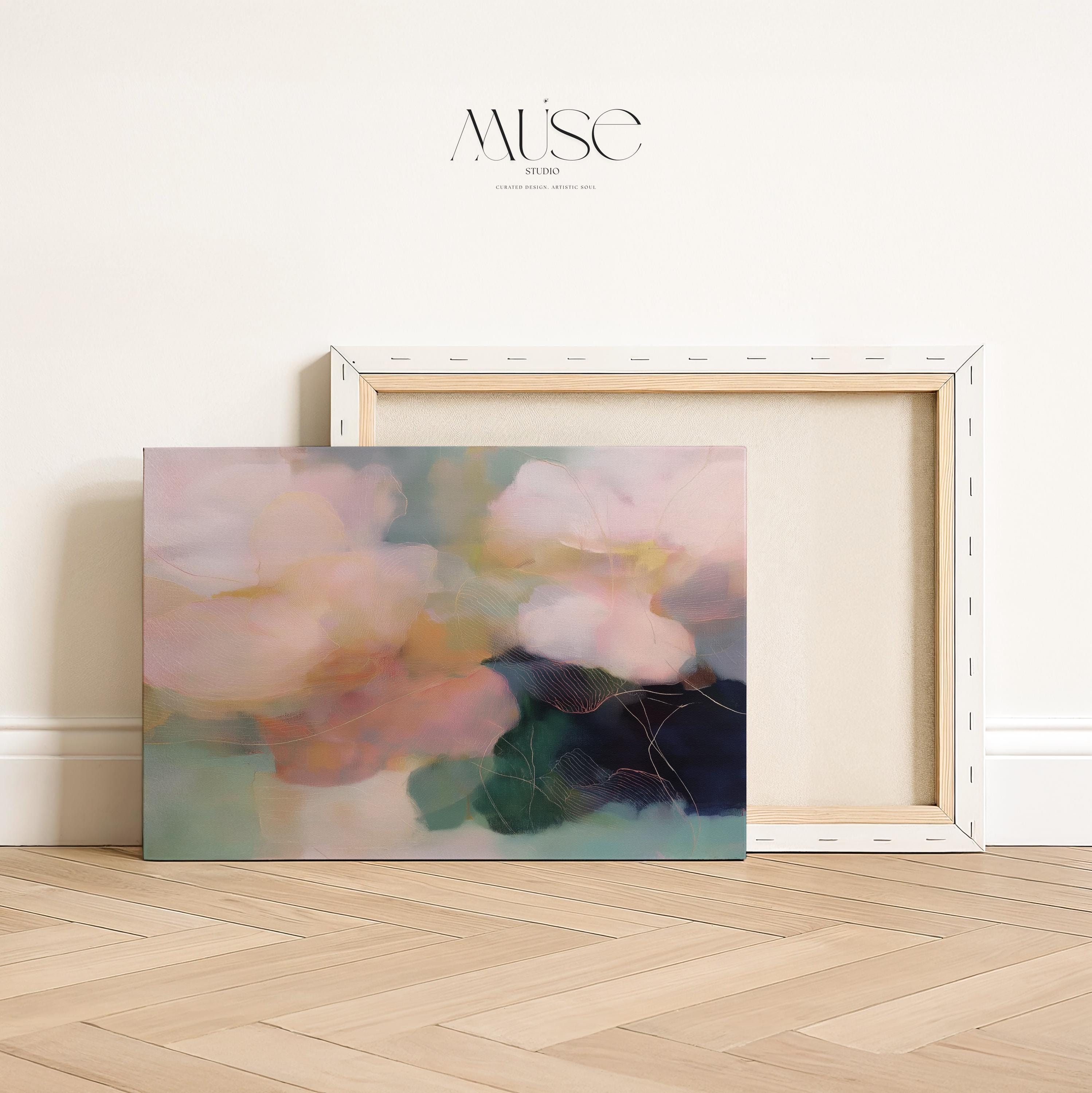Muse Studio farmhouse floral horizontal framed canvas wall art with blush pink, sage green, muted teal, and deep navy abstract botanical flowers, printed with museum-grade giclée inks on premium gallery-wrapped artist canvas and custom framed in natural, white, black, antique gold, or antique silver wood float frame options for bedroom, living room, dining room, office, and entryway decor.