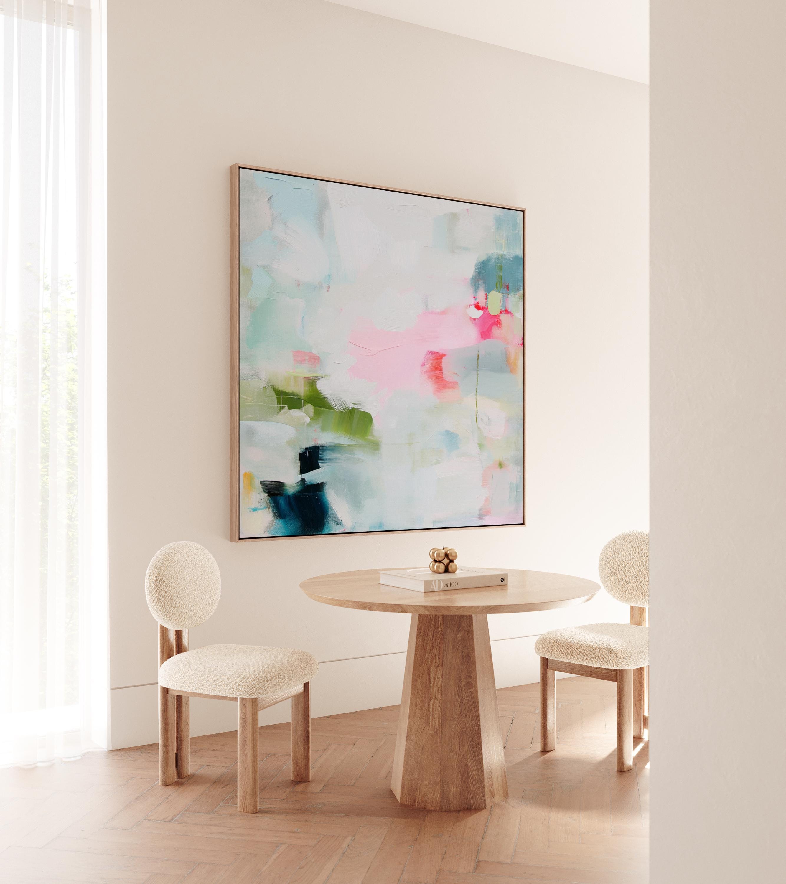 Muse Studio colorful abstract framed canvas wall art featuring soft blue, blush pink, green, coral, white, and navy painterly layers. Museum-grade giclée print on premium gallery-wrapped canvas with custom wood float frame options in natural, white, black, antique gold, and antique silver for modern coastal living room decor.