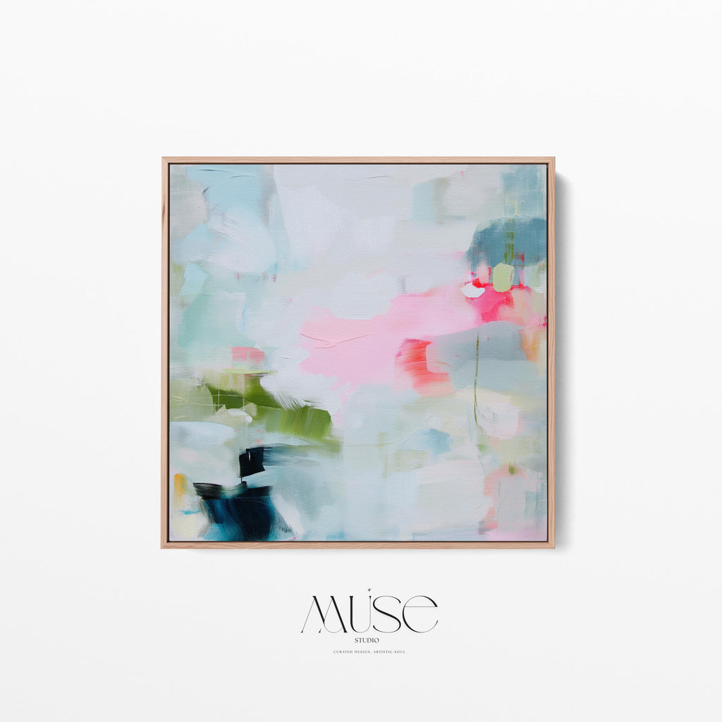 Muse Studio colorful abstract framed canvas wall art featuring soft blue, blush pink, green, coral, white, and navy painterly layers. Museum-grade giclée print on premium gallery-wrapped canvas with custom wood float frame options in natural, white, black, antique gold, and antique silver for modern coastal living room decor.
