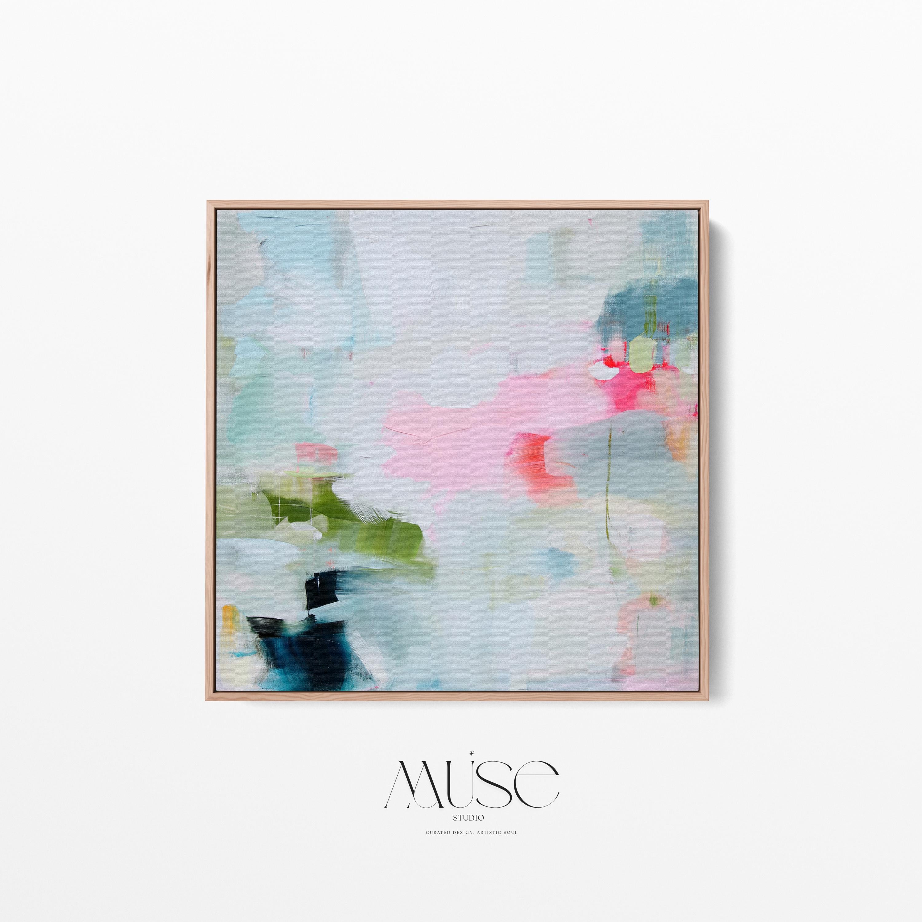 Muse Studio colorful abstract framed canvas wall art featuring soft blue, blush pink, green, coral, white, and navy painterly layers. Museum-grade giclée print on premium gallery-wrapped canvas with custom wood float frame options in natural, white, black, antique gold, and antique silver for modern coastal living room decor.
