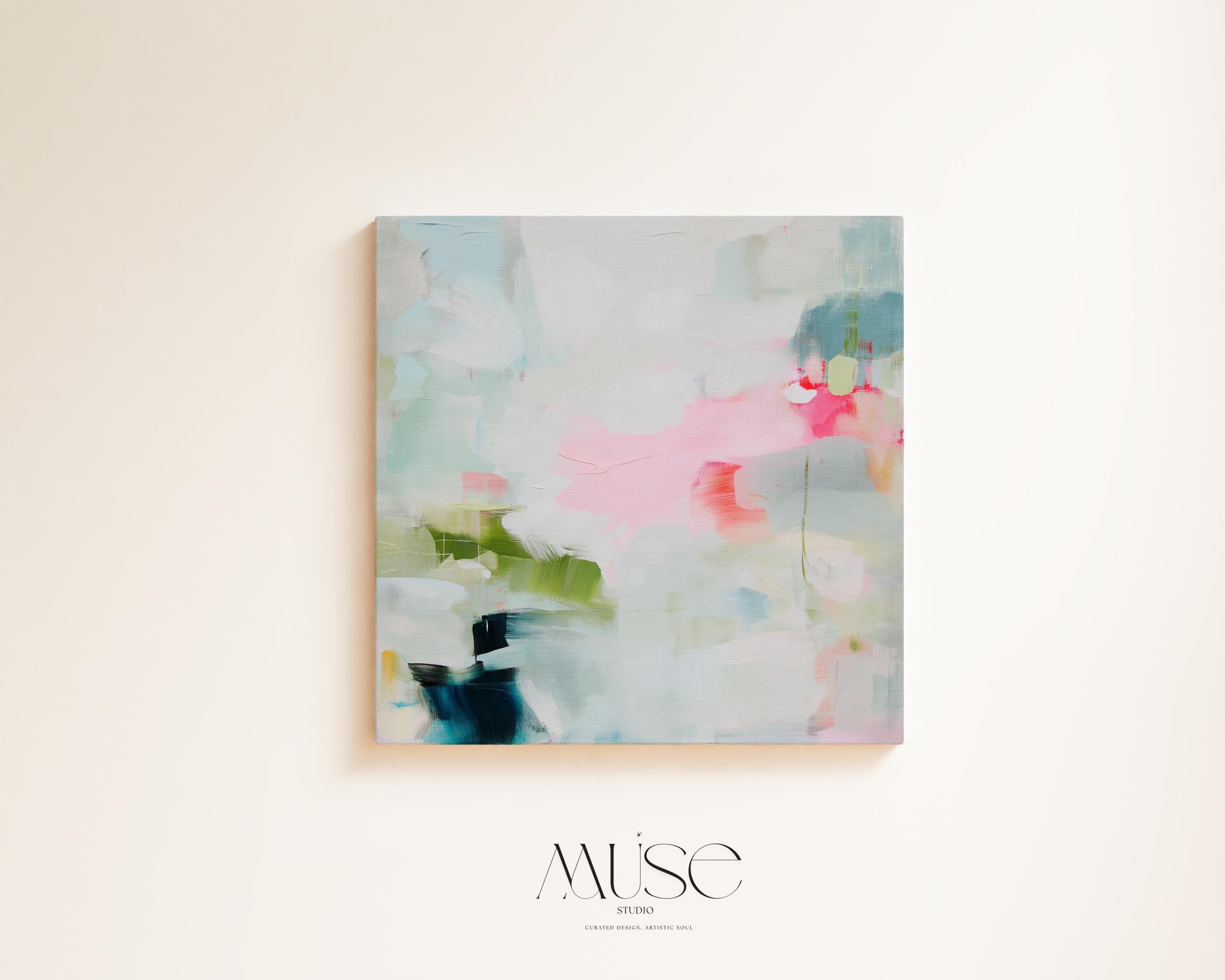 Muse Studio colorful abstract canvas wall art print featuring soft blue, blush pink, green, white, coral, and navy painterly brushstrokes. Premium gallery-wrapped canvas with museum-grade giclée inks, available as stretched canvas or rolled canvas for modern, coastal, eclectic, and colorful living room or bedroom decor.