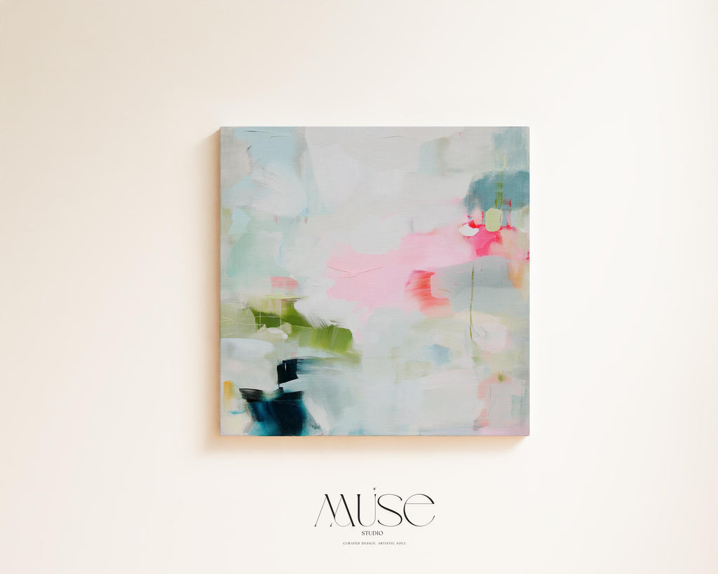 Muse Studio colorful abstract canvas wall art print featuring soft blue, blush pink, green, white, coral, and navy painterly brushstrokes. Premium gallery-wrapped canvas with museum-grade giclée inks, available as stretched canvas or rolled canvas for modern, coastal, eclectic, and colorful living room or bedroom decor.