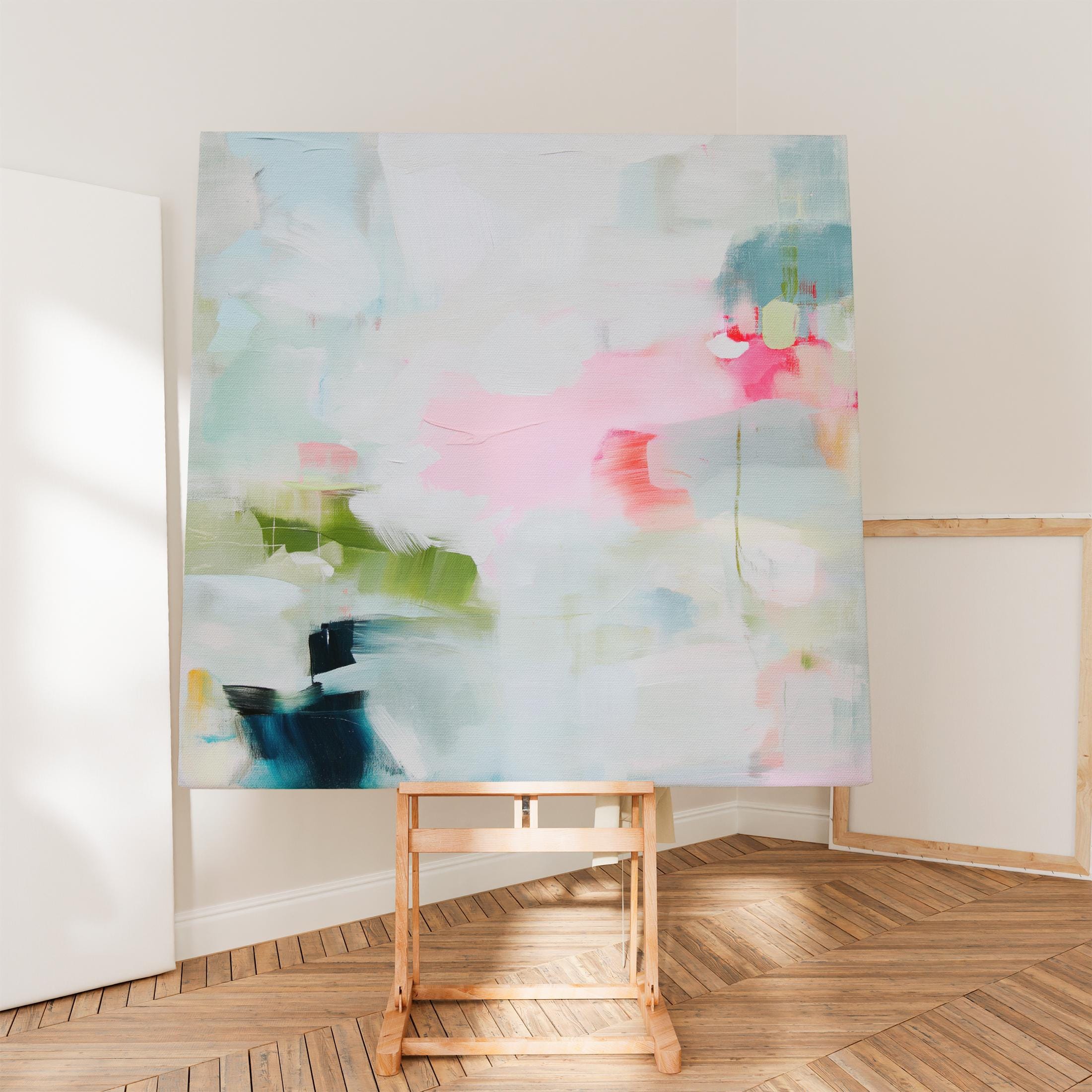 Muse Studio colorful abstract canvas wall art print featuring soft blue, blush pink, green, white, coral, and navy painterly brushstrokes. Premium gallery-wrapped canvas with museum-grade giclée inks, available as stretched canvas or rolled canvas for modern, coastal, eclectic, and colorful living room or bedroom decor.