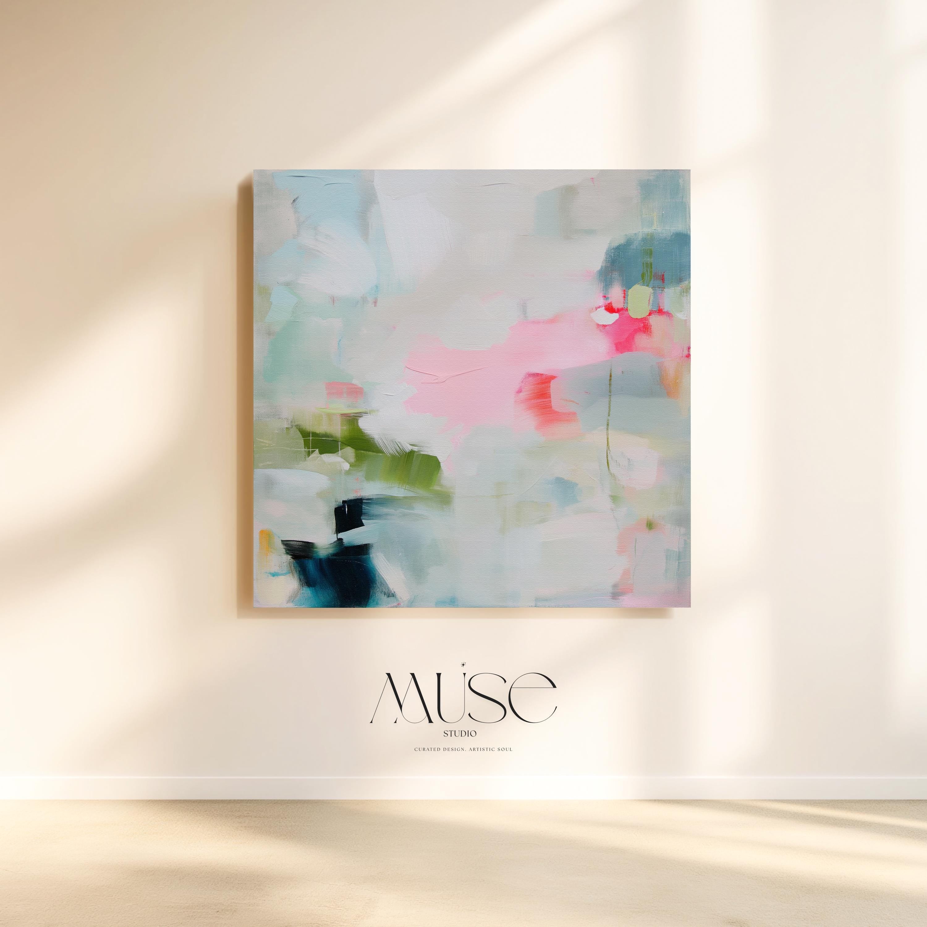 Muse Studio colorful abstract canvas wall art print featuring soft blue, blush pink, green, white, coral, and navy painterly brushstrokes. Premium gallery-wrapped canvas with museum-grade giclée inks, available as stretched canvas or rolled canvas for modern, coastal, eclectic, and colorful living room or bedroom decor.