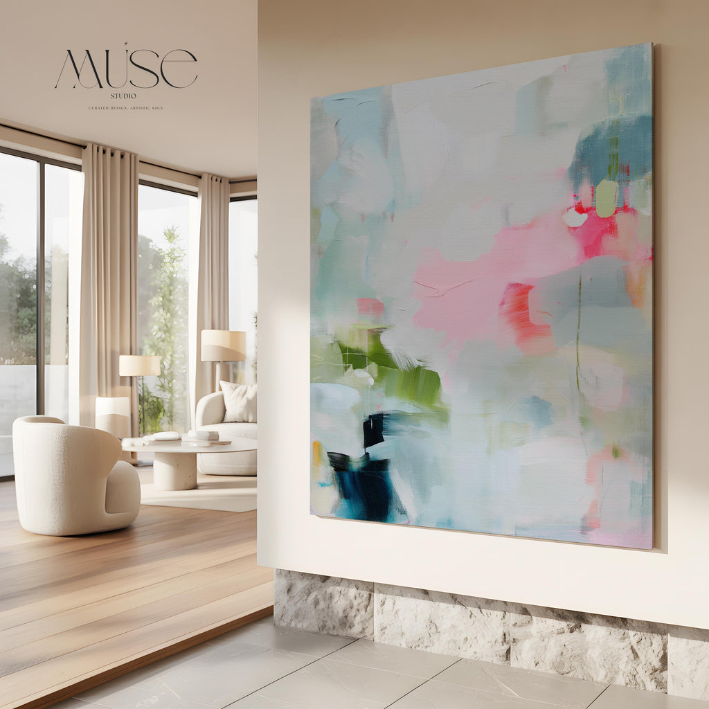 Muse Studio colorful abstract canvas wall art print featuring soft blue, blush pink, green, white, coral, and navy painterly brushstrokes. Premium gallery-wrapped canvas with museum-grade giclée inks, available as stretched canvas or rolled canvas for modern, coastal, eclectic, and colorful living room or bedroom decor.