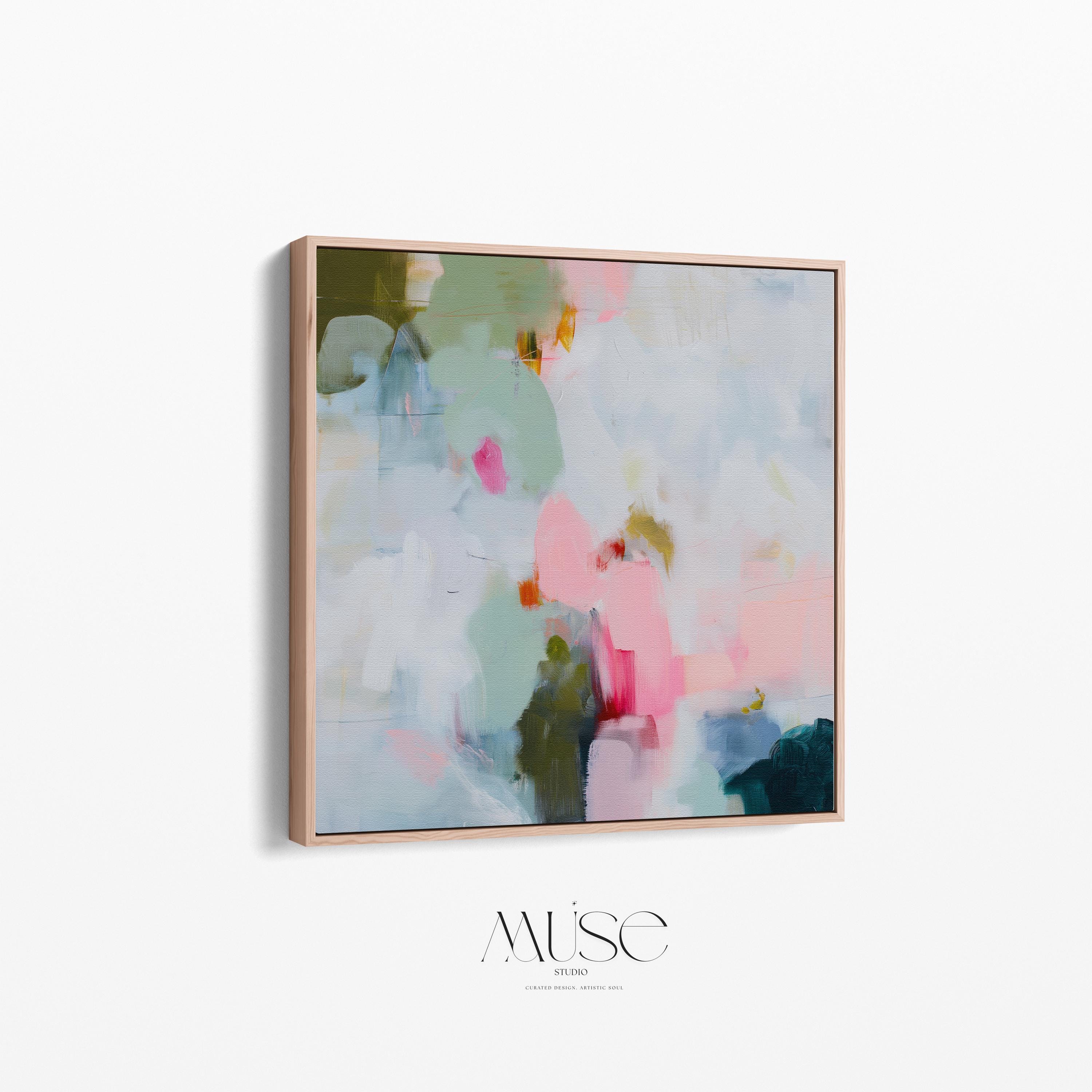 Muse Studio spring abstract framed canvas wall art featuring soft pink, misty blue, sage green, ivory, deep teal, and olive painterly layers. Museum-grade giclée print on premium gallery-wrapped canvas with custom wood float frame options in natural, white, black, antique gold, and antique silver for airy pastel modern interiors.