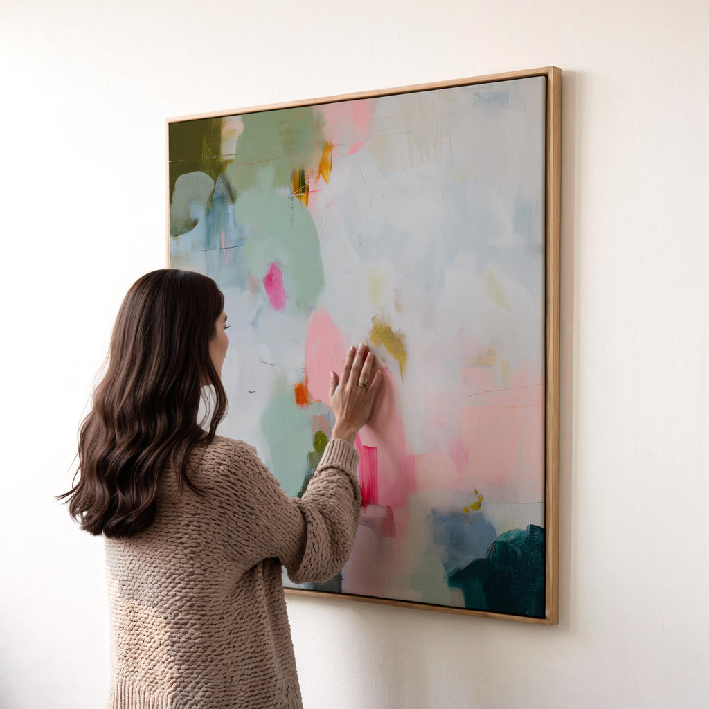 Muse Studio spring abstract framed canvas wall art featuring soft pink, misty blue, sage green, ivory, deep teal, and olive painterly layers. Museum-grade giclée print on premium gallery-wrapped canvas with custom wood float frame options in natural, white, black, antique gold, and antique silver for airy pastel modern interiors.