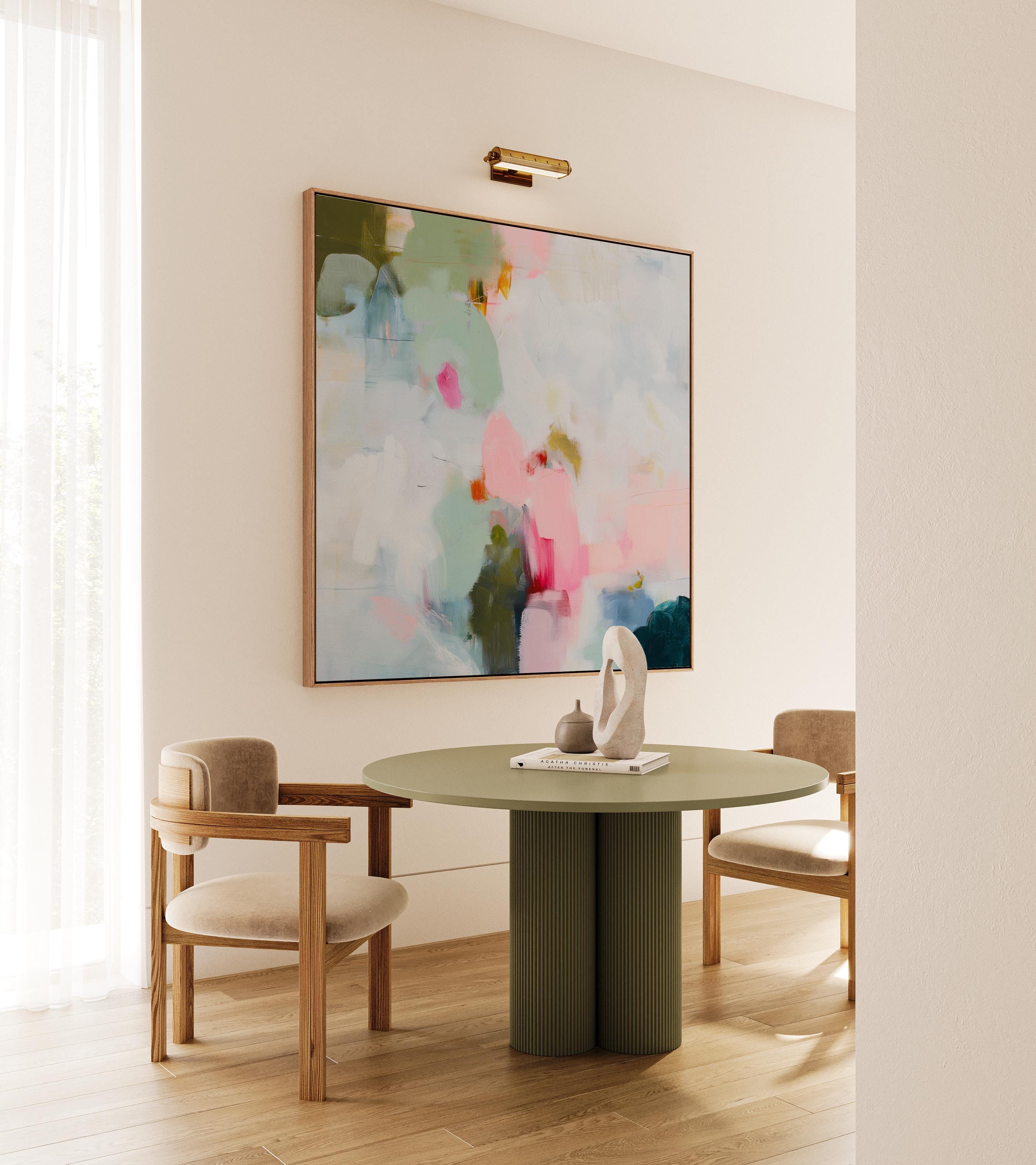 Muse Studio spring abstract framed canvas wall art featuring soft pink, misty blue, sage green, ivory, deep teal, and olive painterly layers. Museum-grade giclée print on premium gallery-wrapped canvas with custom wood float frame options in natural, white, black, antique gold, and antique silver for airy pastel modern interiors.