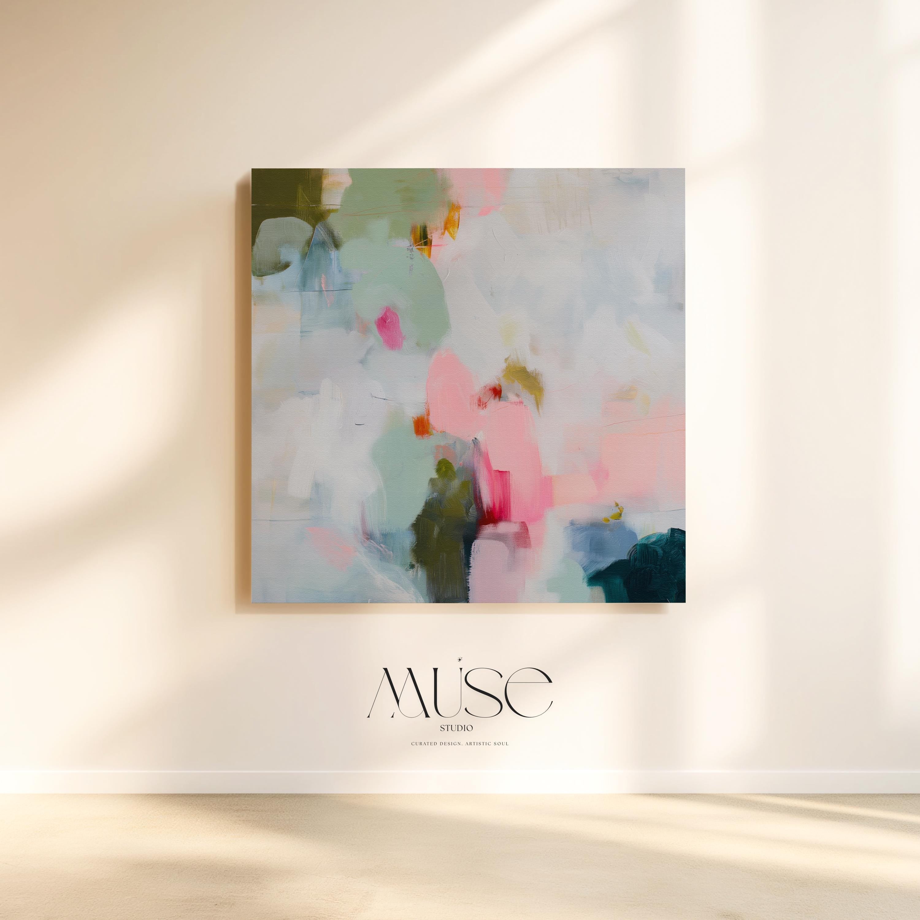 Muse Studio spring abstract canvas wall art print featuring soft pink, misty blue, sage green, ivory, deep teal, and olive painterly brushstrokes. Premium canvas printed with museum-grade giclée inks, available as stretched canvas or rolled canvas for airy pastel, soft modern, coastal, colorful, and spring-inspired living room or bedroom decor.