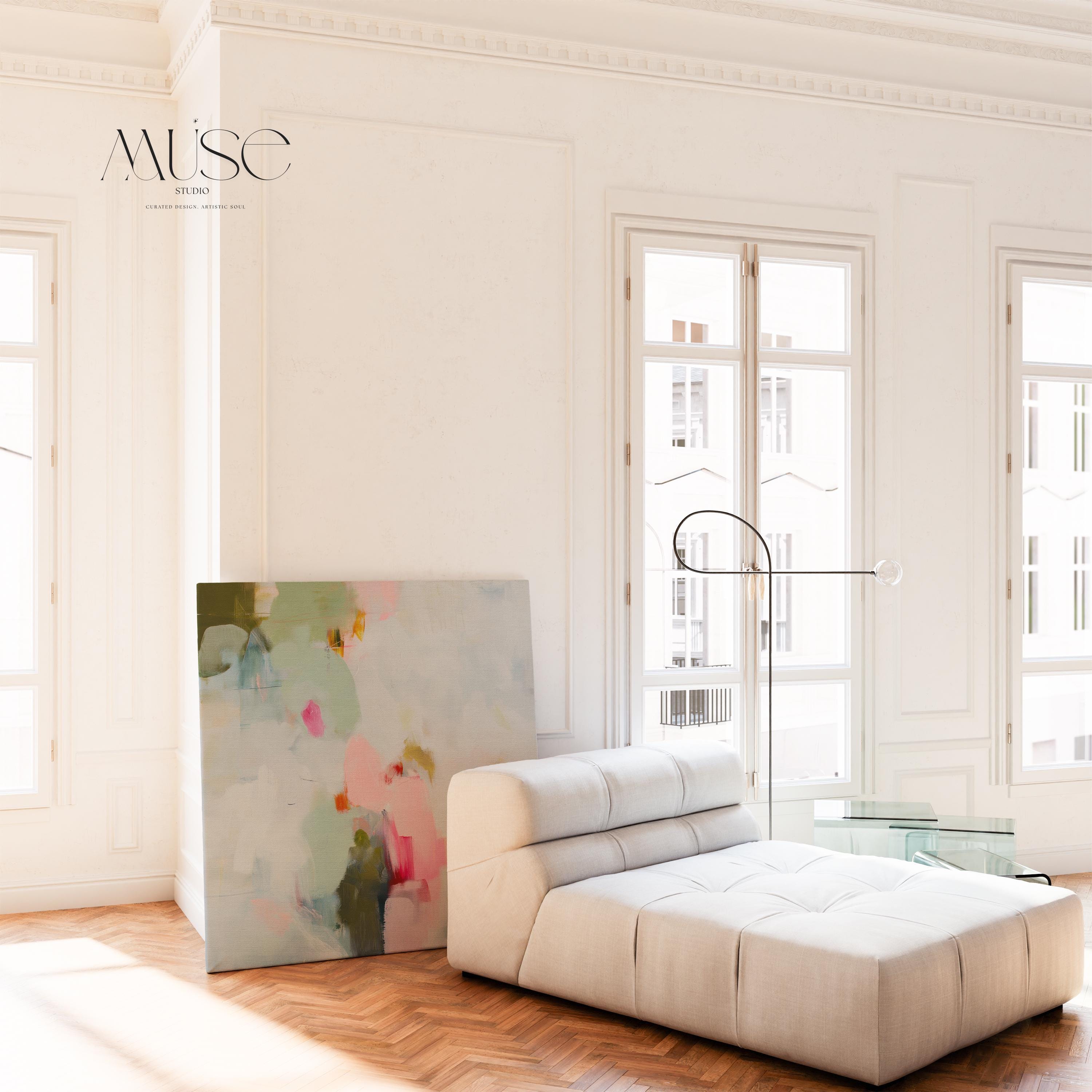 Muse Studio spring abstract canvas wall art print featuring soft pink, misty blue, sage green, ivory, deep teal, and olive painterly brushstrokes. Premium canvas printed with museum-grade giclée inks, available as stretched canvas or rolled canvas for airy pastel, soft modern, coastal, colorful, and spring-inspired living room or bedroom decor.