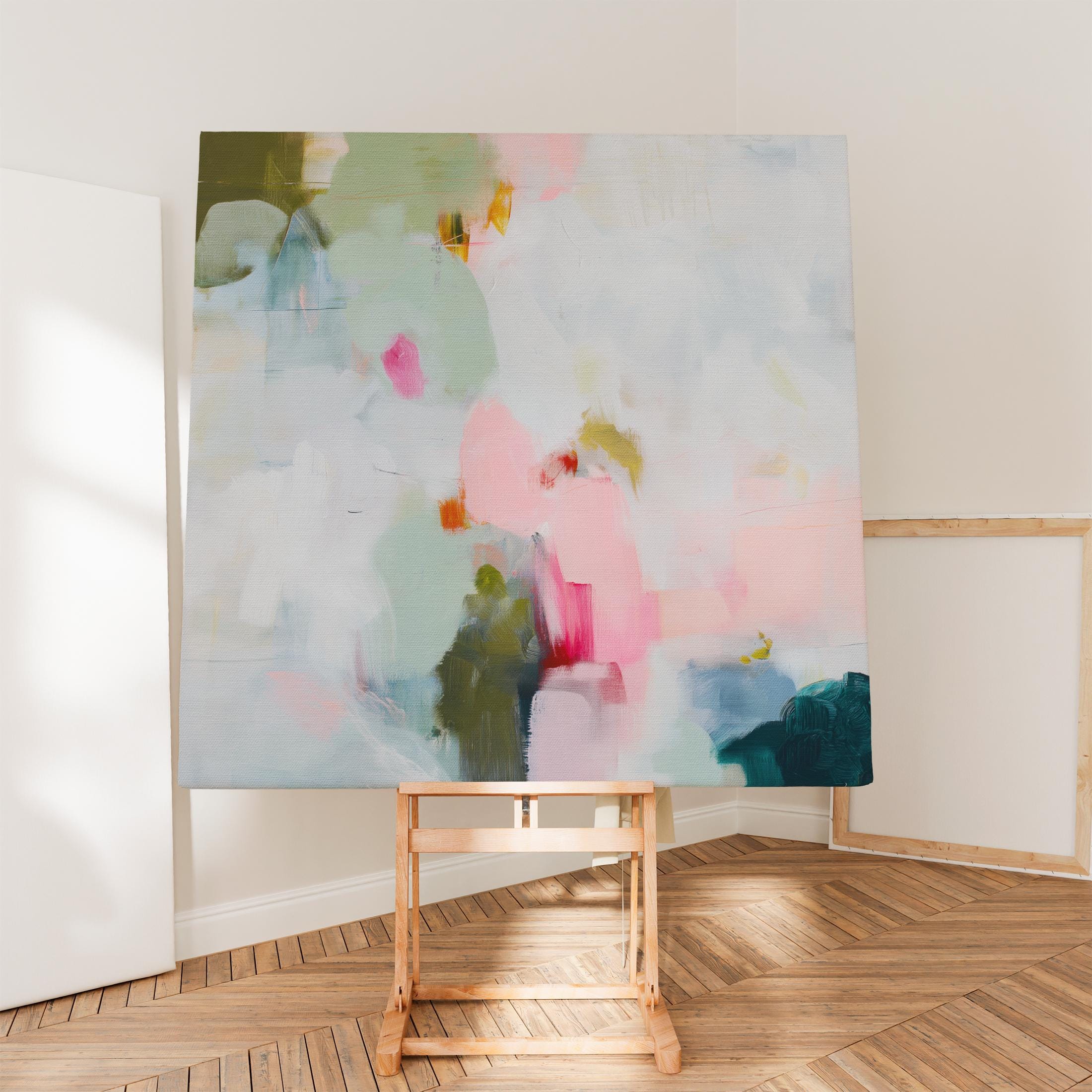 Muse Studio spring abstract canvas wall art print featuring soft pink, misty blue, sage green, ivory, deep teal, and olive painterly brushstrokes. Premium canvas printed with museum-grade giclée inks, available as stretched canvas or rolled canvas for airy pastel, soft modern, coastal, colorful, and spring-inspired living room or bedroom decor.